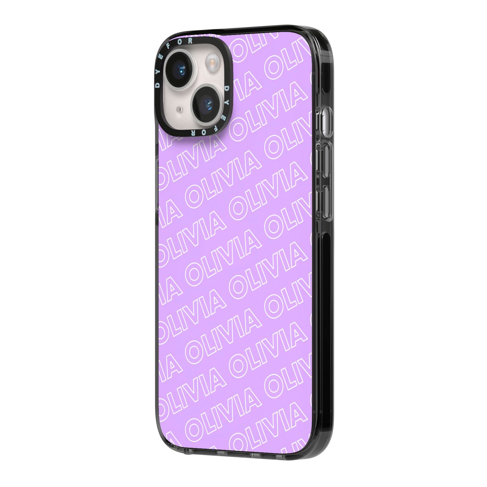 Personalised Purple Diagonal Name iPhone 14 Black Impact Case Side Angle on Silver phone