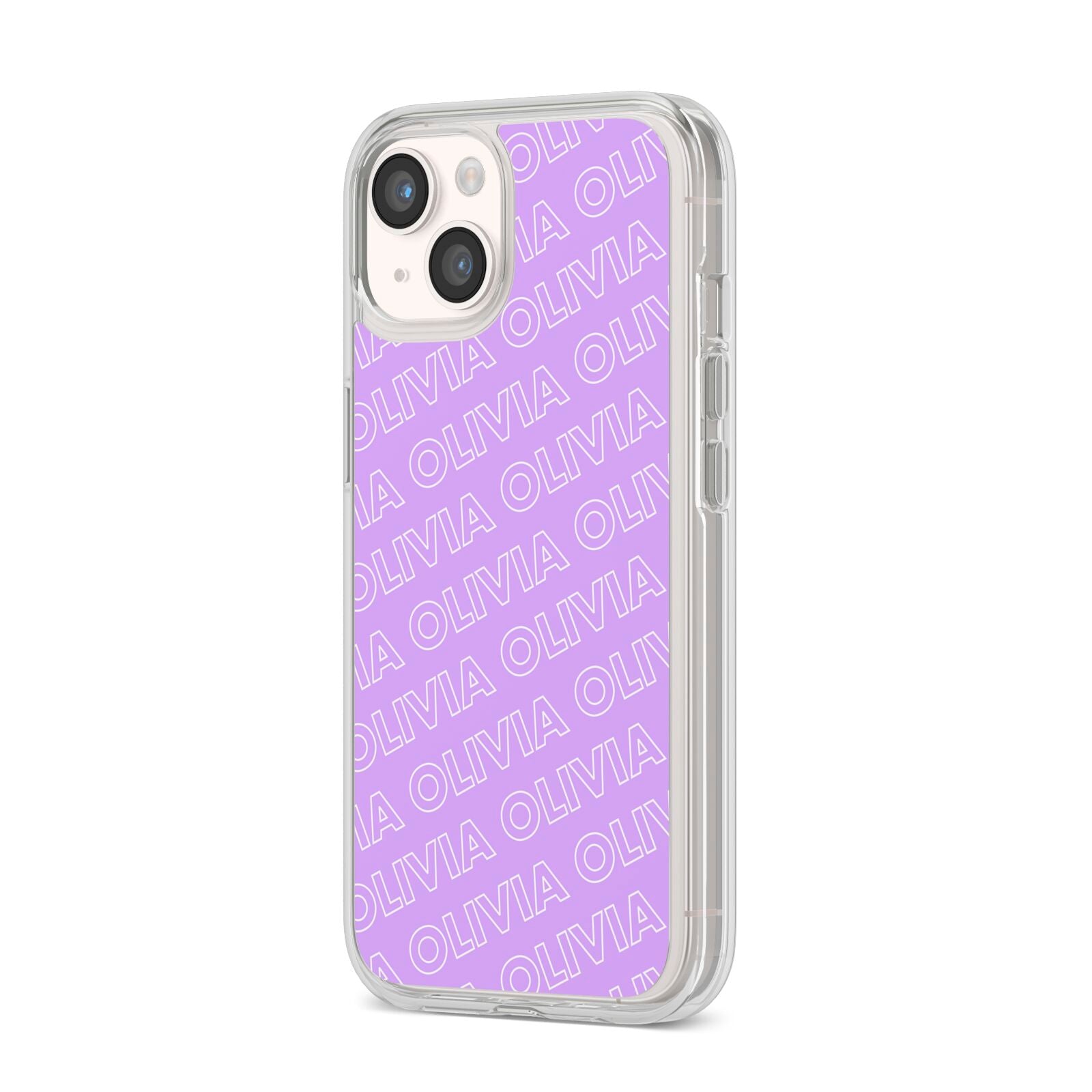 Personalised Purple Diagonal Name iPhone 14 Clear Tough Case Starlight Angled Image