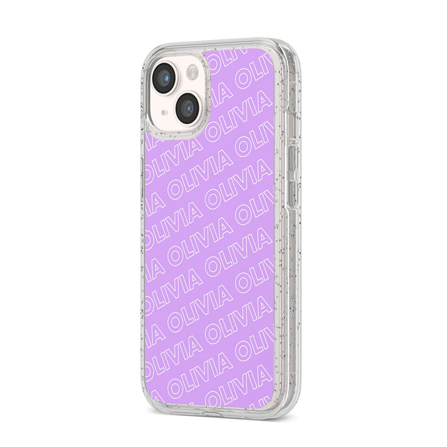 Personalised Purple Diagonal Name iPhone 14 Glitter Tough Case Starlight Angled Image