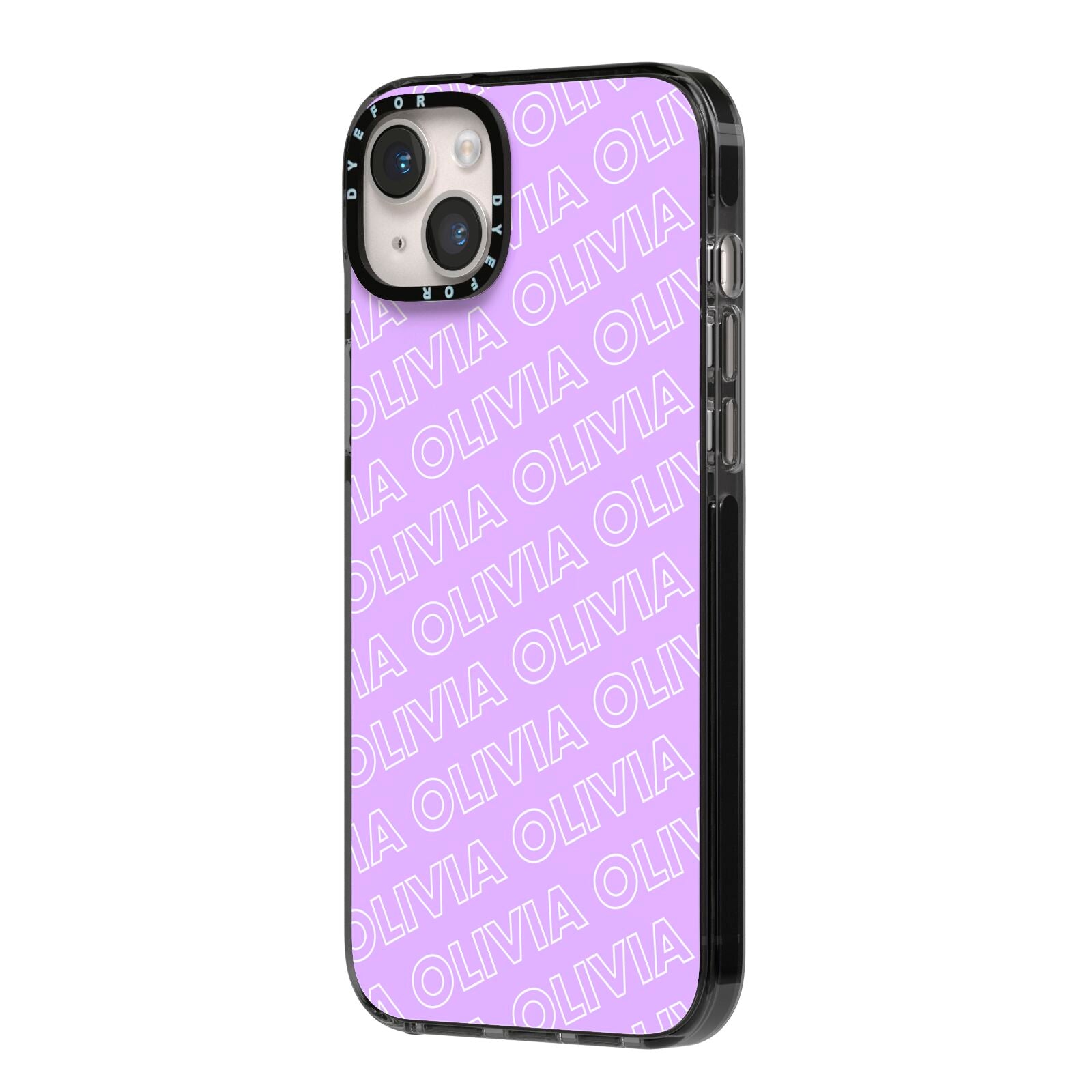 Personalised Purple Diagonal Name iPhone 14 Plus Black Impact Case Side Angle on Silver phone