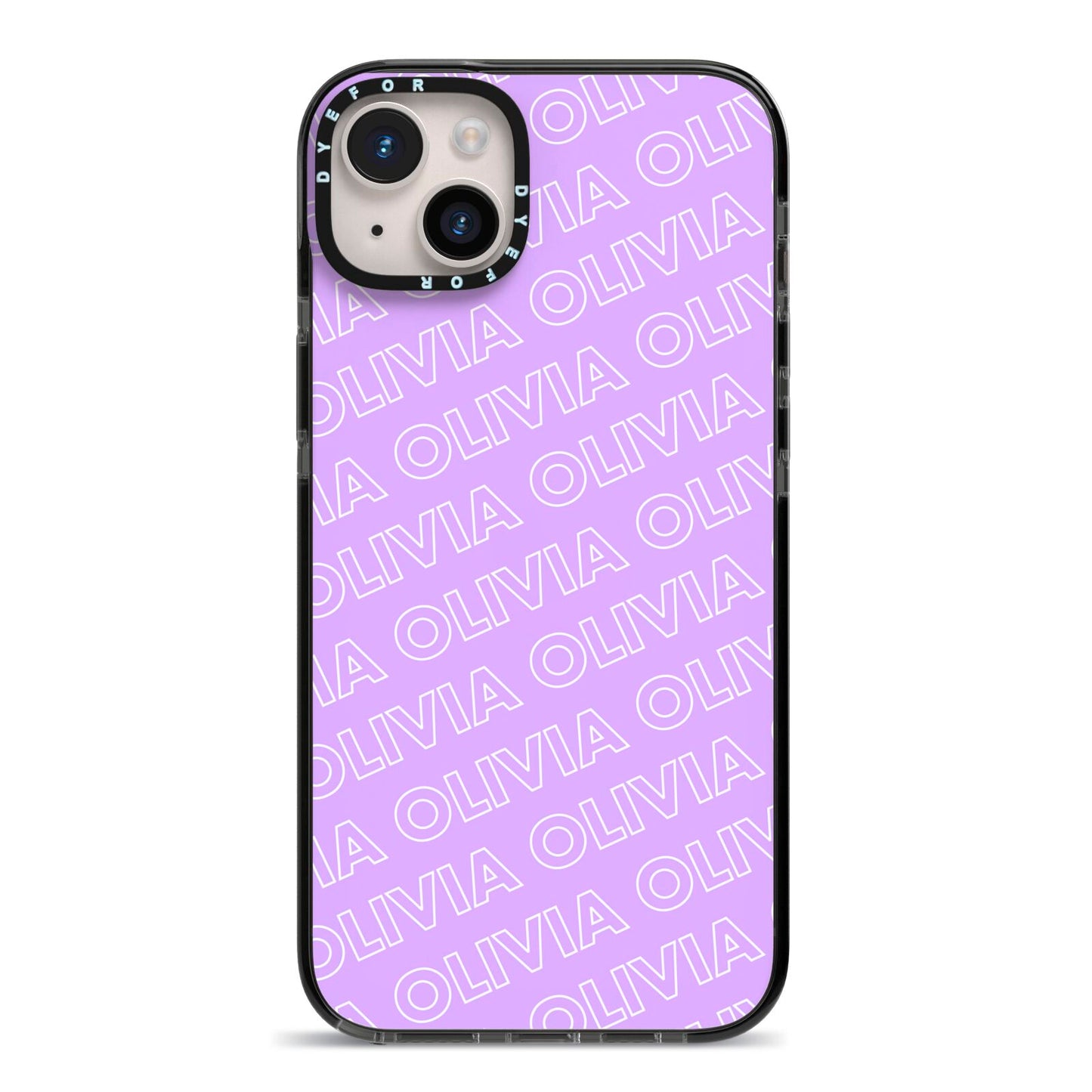 Personalised Purple Diagonal Name iPhone 14 Plus Black Impact Case on Silver phone