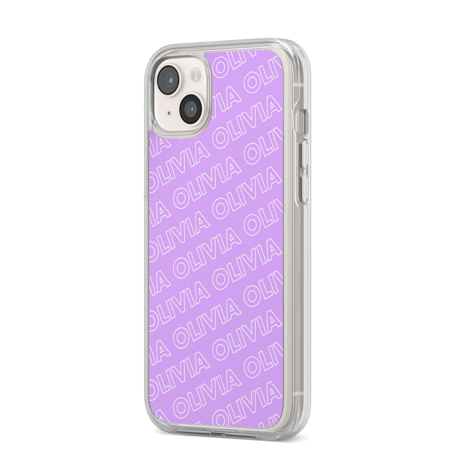 Personalised Purple Diagonal Name iPhone 14 Plus Clear Tough Case Starlight Angled Image