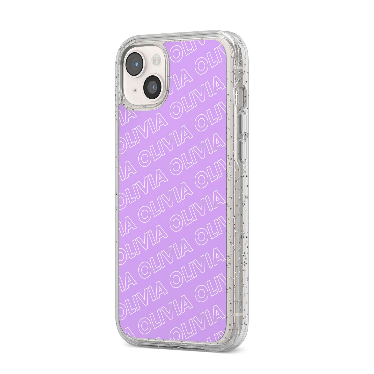 Personalised Purple Diagonal Name iPhone 14 Plus Glitter Tough Case Starlight Angled Image