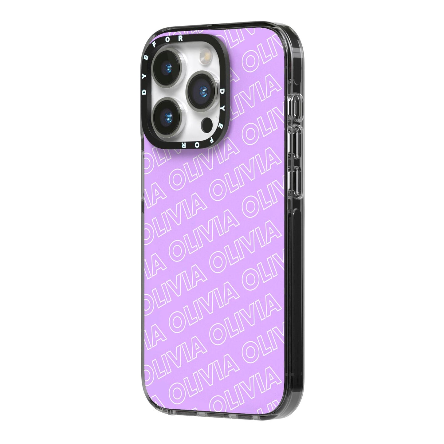 Personalised Purple Diagonal Name iPhone 14 Pro Black Impact Case Side Angle on Silver phone