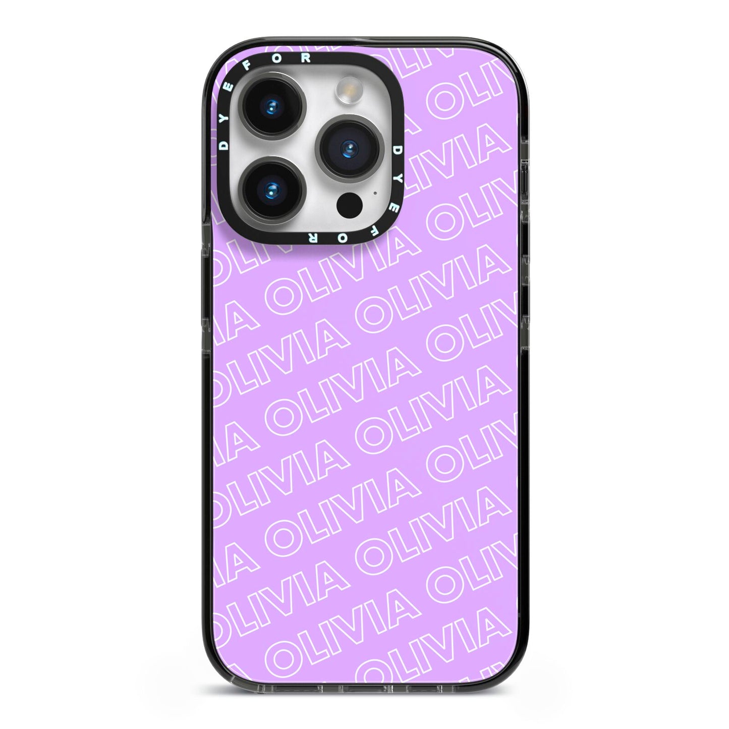 Personalised Purple Diagonal Name iPhone 14 Pro Black Impact Case on Silver phone