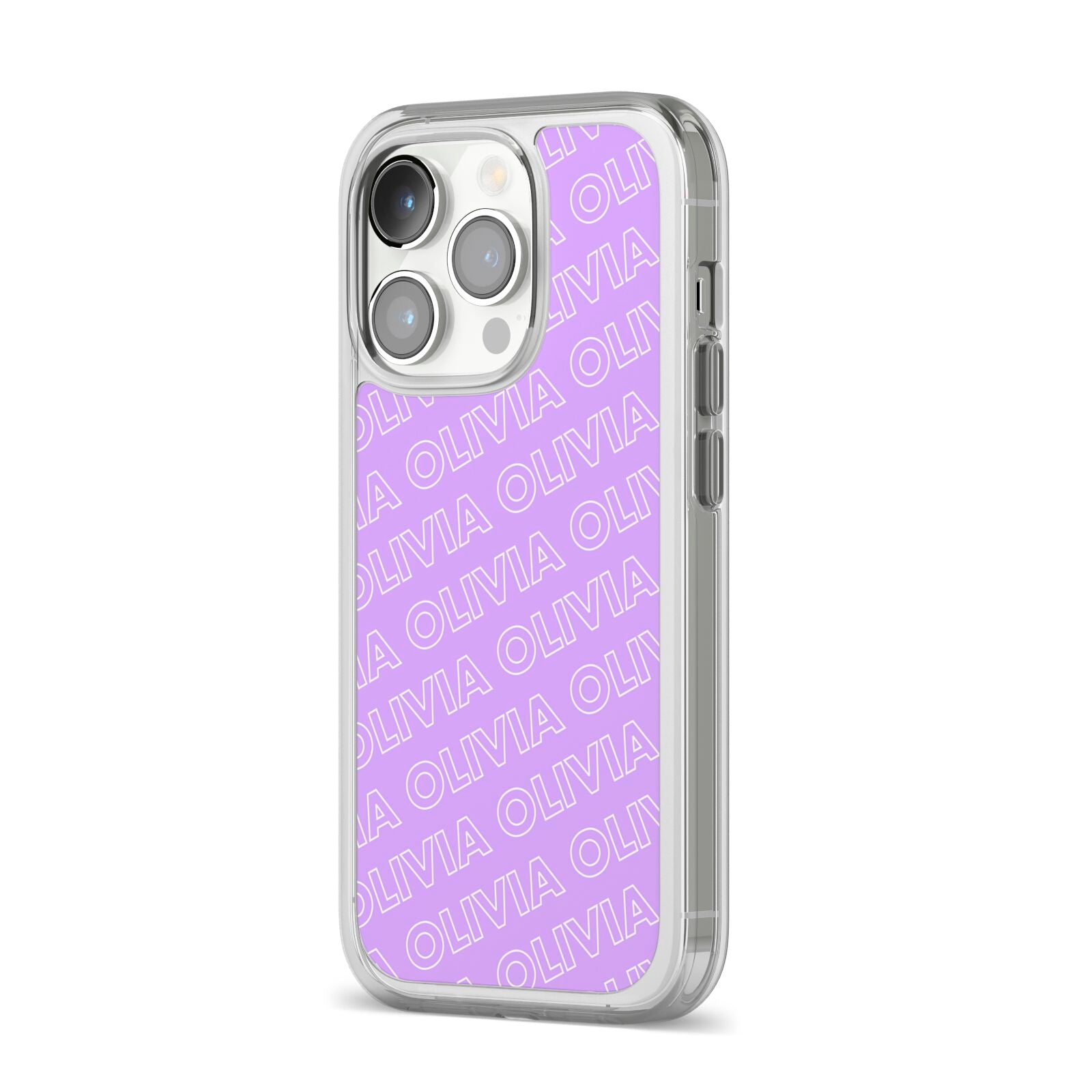 Personalised Purple Diagonal Name iPhone 14 Pro Clear Tough Case Silver Angled Image