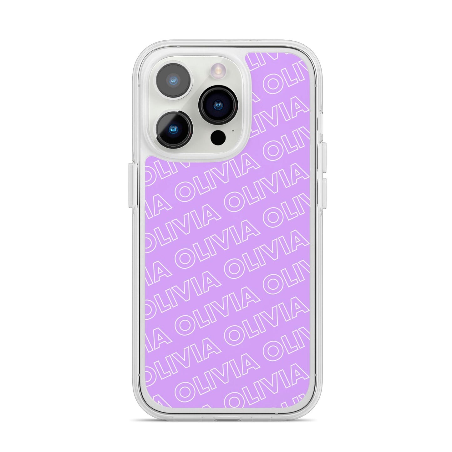 Personalised Purple Diagonal Name iPhone 14 Pro Clear Tough Case Silver