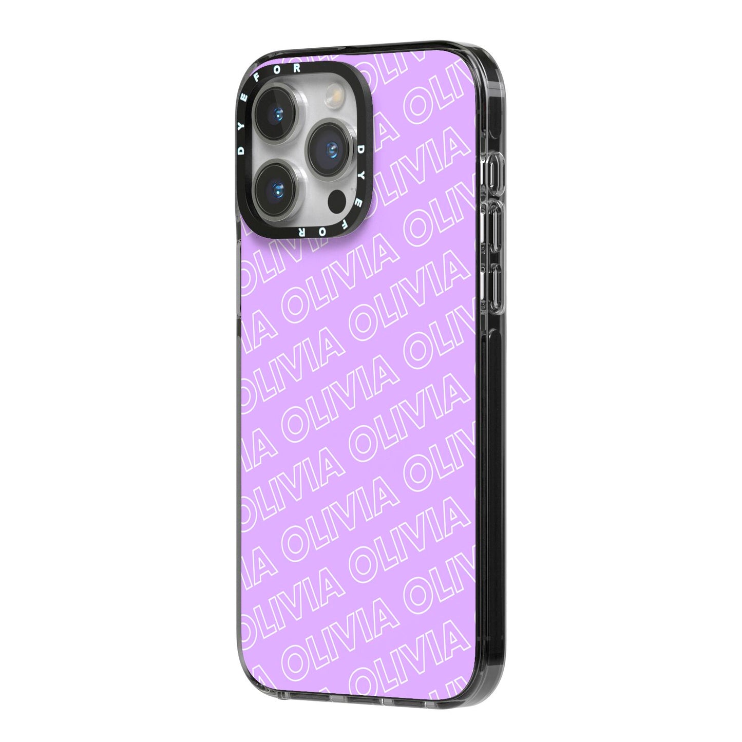 Personalised Purple Diagonal Name iPhone 14 Pro Max Black Impact Case Side Angle on Silver phone