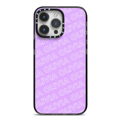 Personalised Purple Diagonal Name iPhone 14 Pro Max Black Impact Case on Silver phone