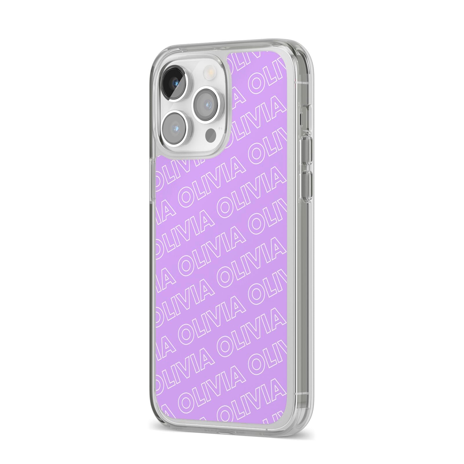 Personalised Purple Diagonal Name iPhone 14 Pro Max Clear Tough Case Silver Angled Image