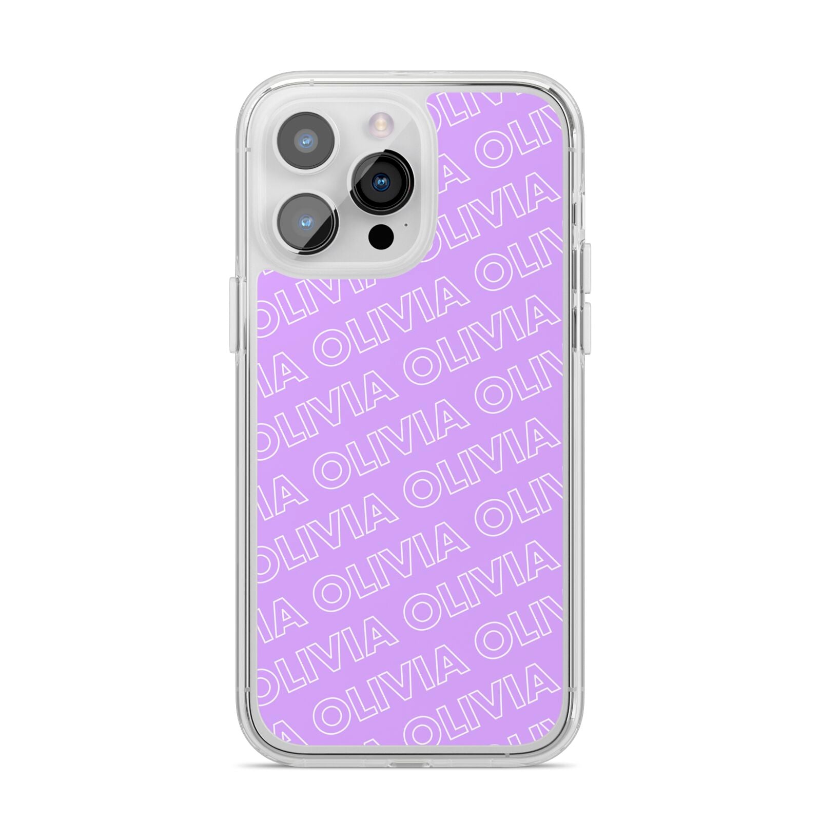 Personalised Purple Diagonal Name iPhone 14 Pro Max Clear Tough Case Silver