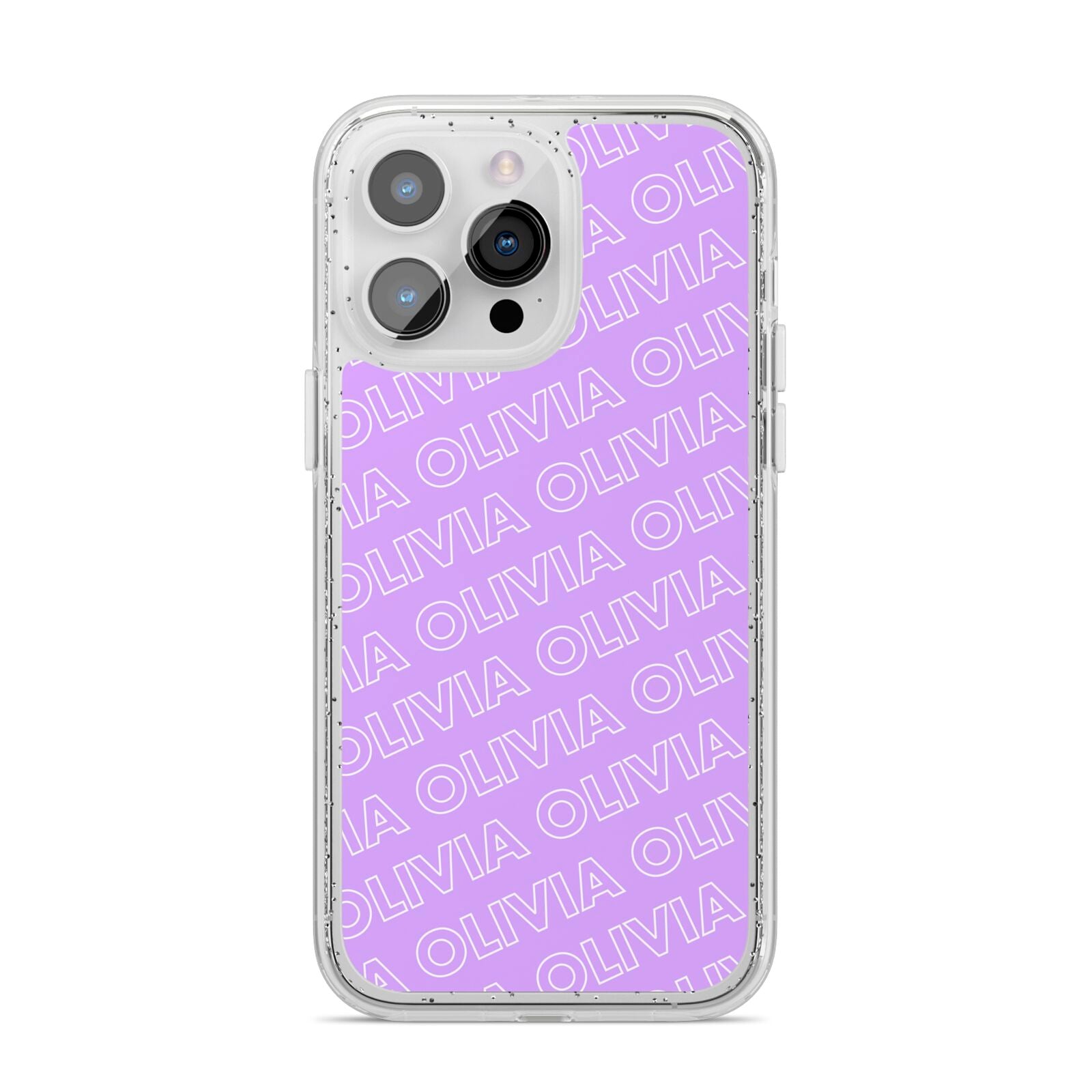 Personalised Purple Diagonal Name iPhone 14 Pro Max Glitter Tough Case Silver