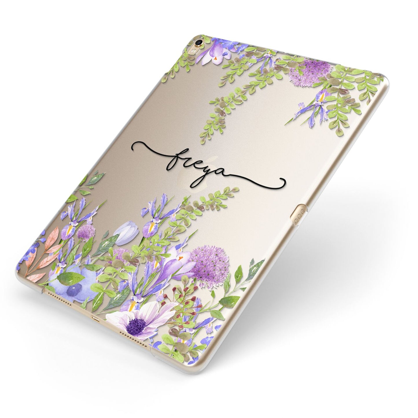 Personalised Purple Flowers Apple iPad Case on Gold iPad Side View