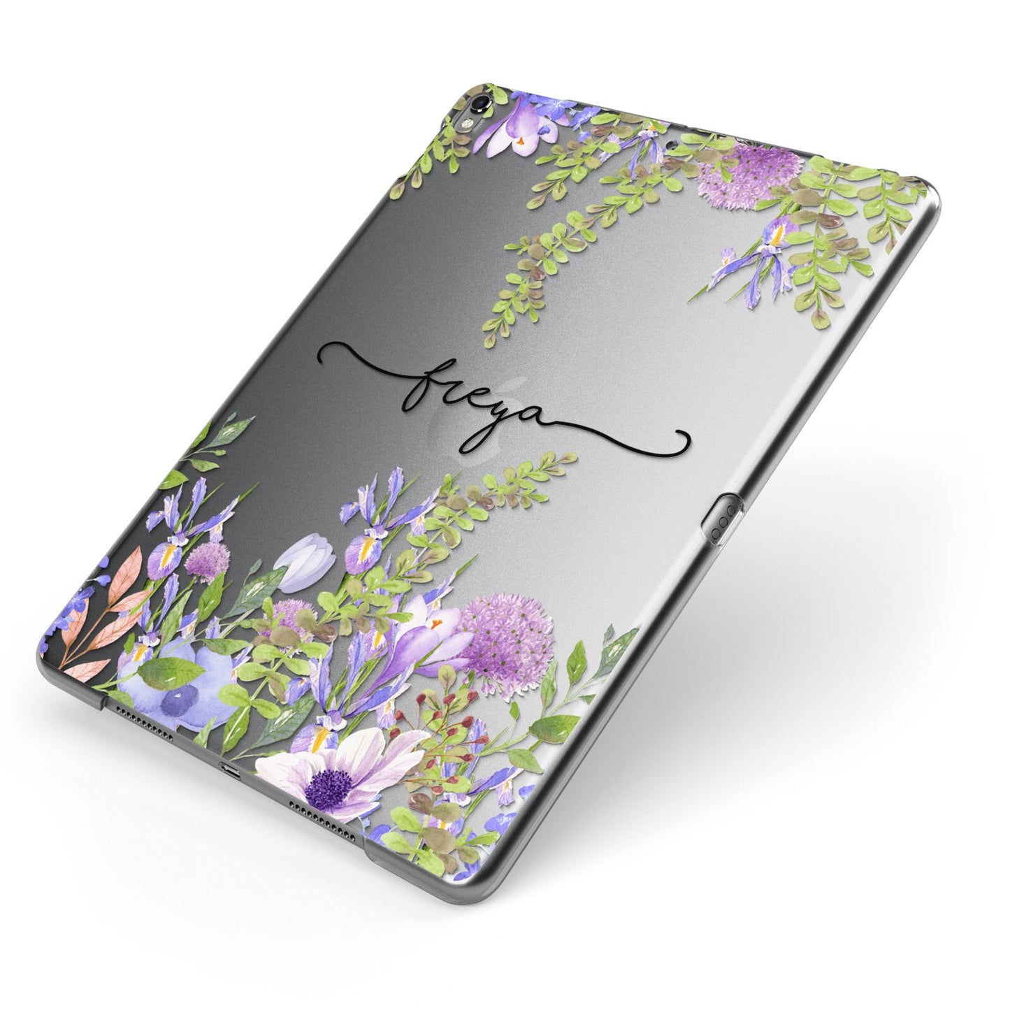 Personalised Purple Flowers Apple iPad Case on Grey iPad Side View