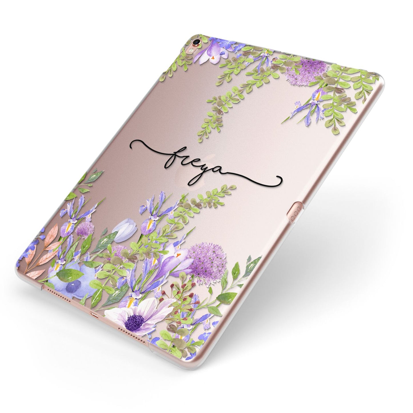 Personalised Purple Flowers Apple iPad Case on Rose Gold iPad Side View