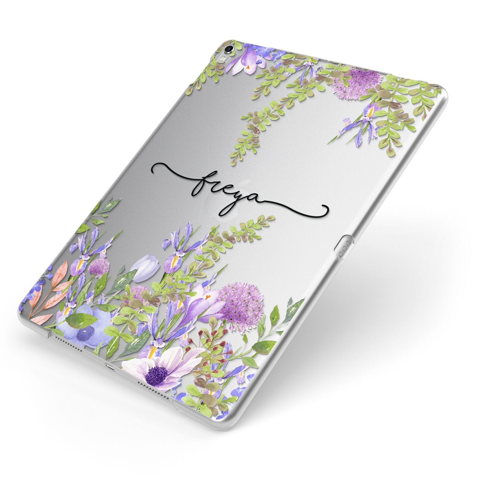 Personalised Purple Flowers Apple iPad Case on Silver iPad Side View