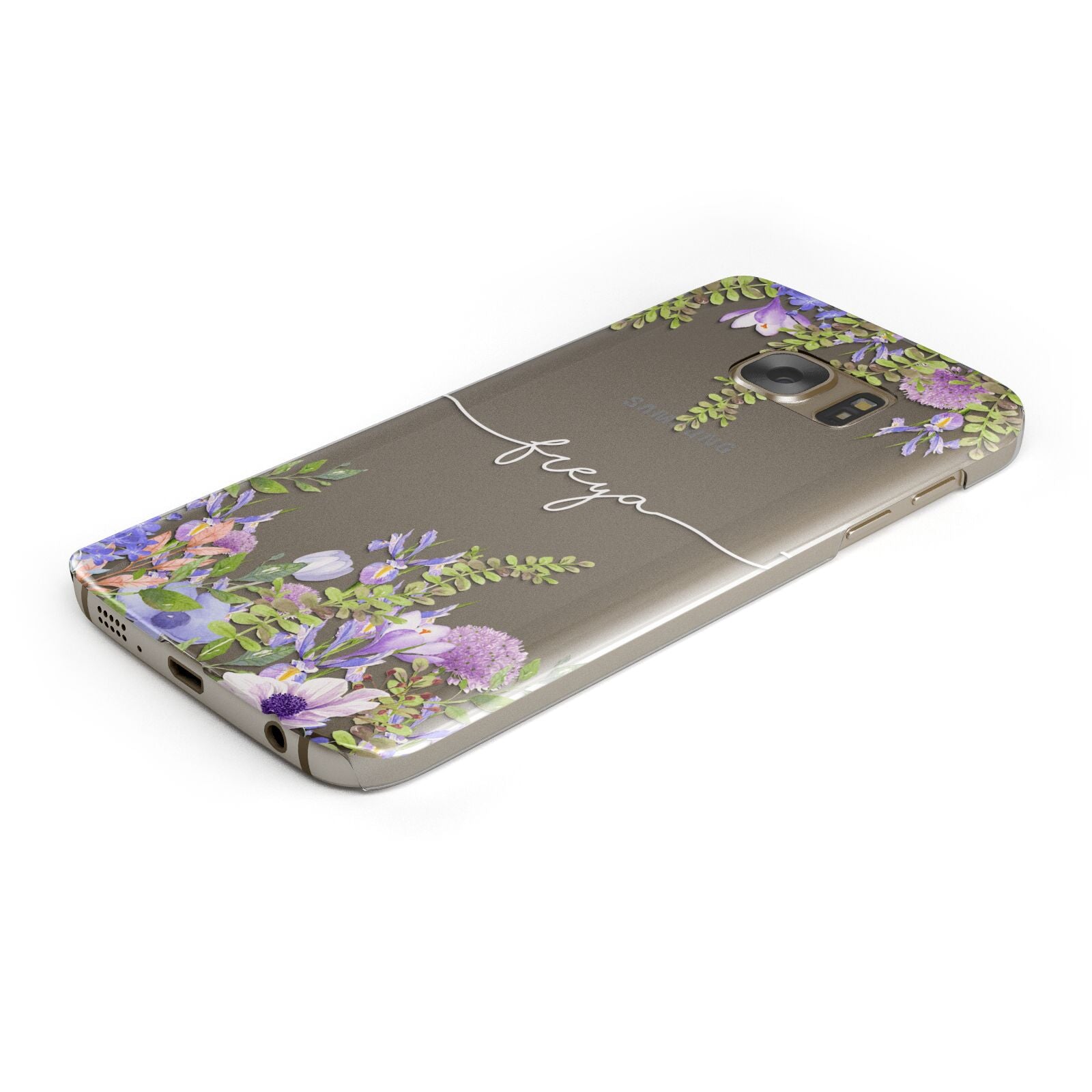 Personalised Purple Flowers Protective Samsung Galaxy Case Angled Image