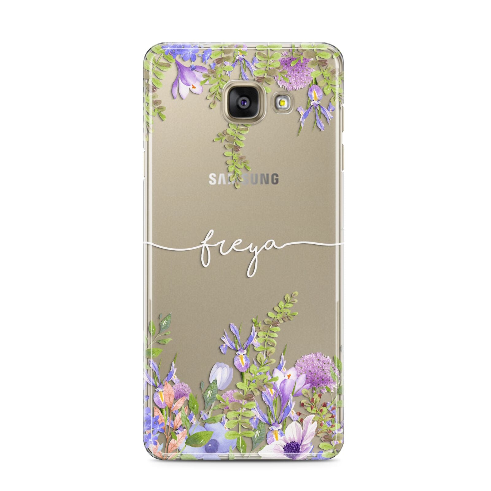 Personalised Purple Flowers Samsung Galaxy A3 2016 Case on gold phone