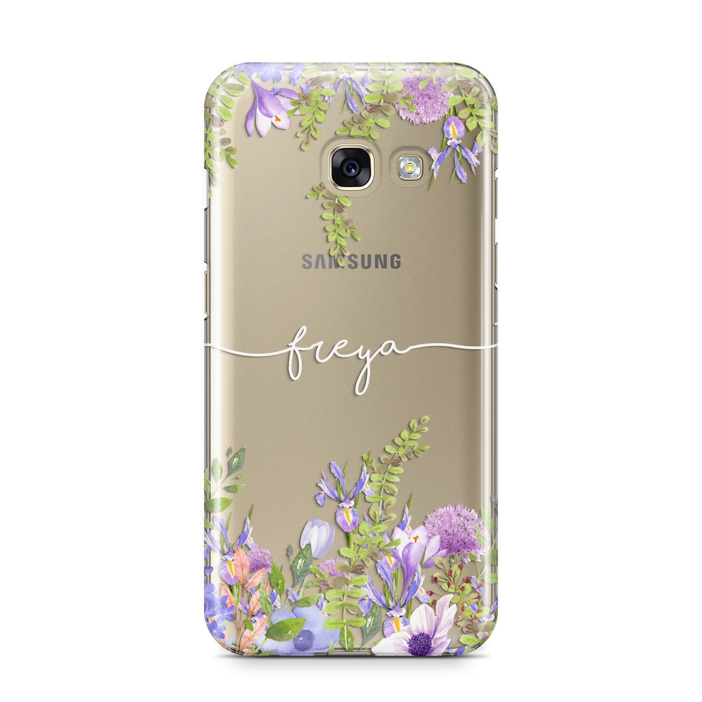 Personalised Purple Flowers Samsung Galaxy A3 2017 Case on gold phone