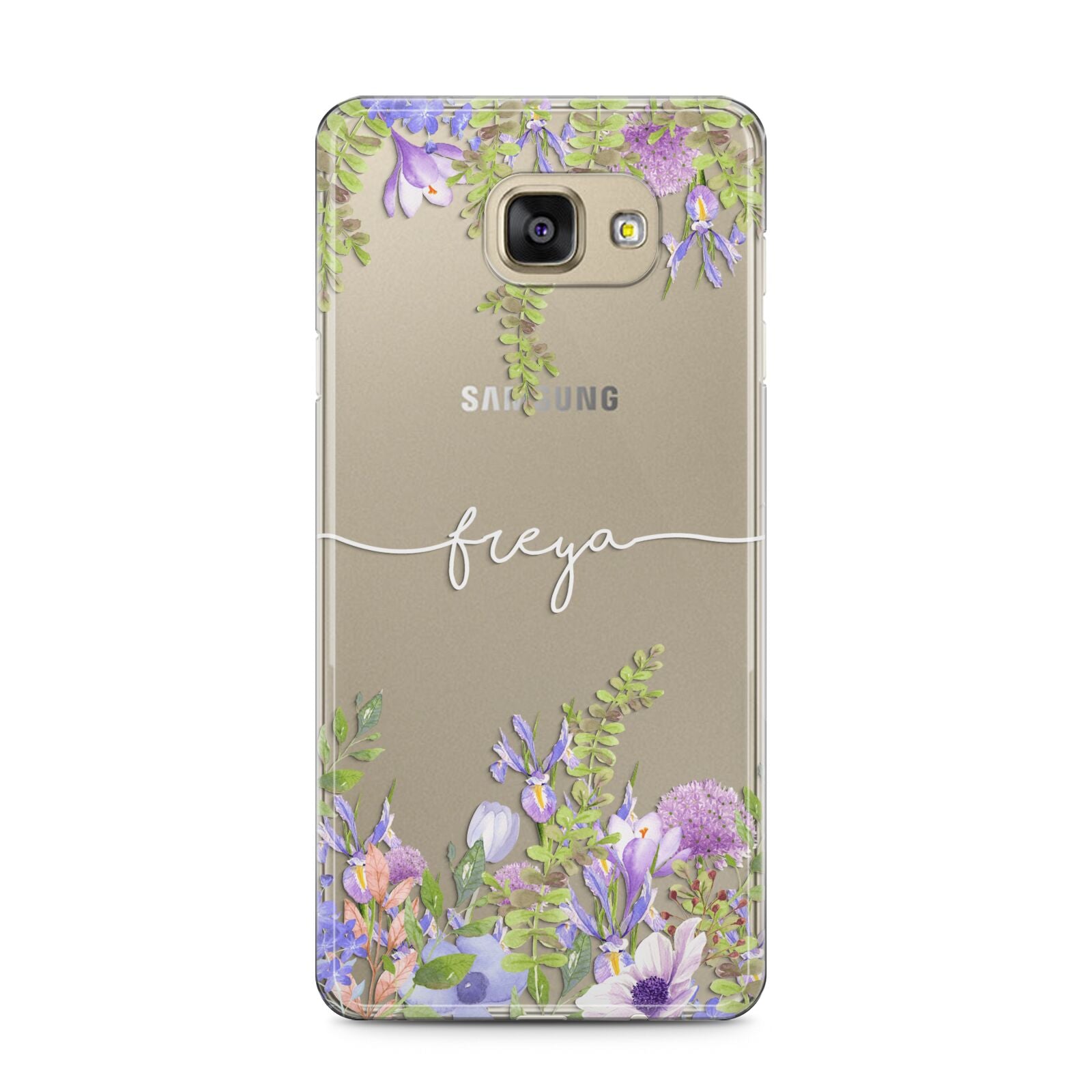 Personalised Purple Flowers Samsung Galaxy A5 2016 Case on gold phone