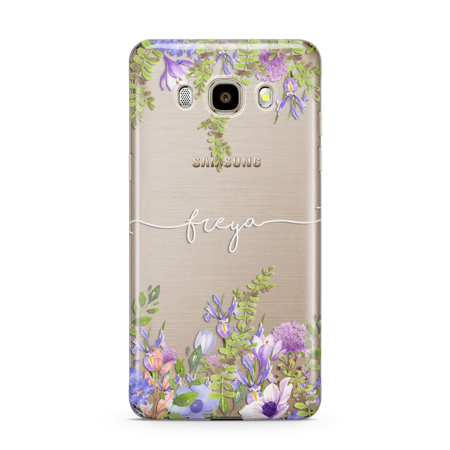 Personalised Purple Flowers Samsung Galaxy J7 2016 Case on gold phone