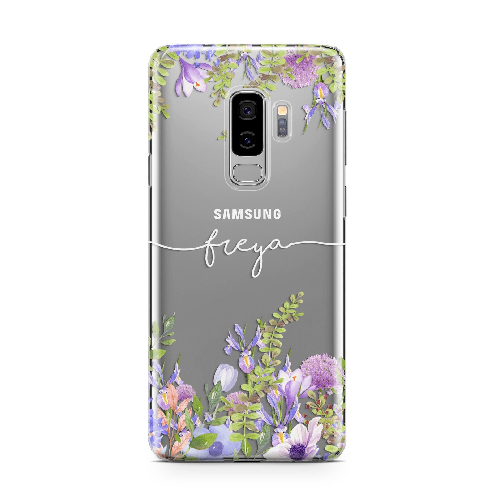 Personalised Purple Flowers Samsung Galaxy S9 Plus Case on Silver phone