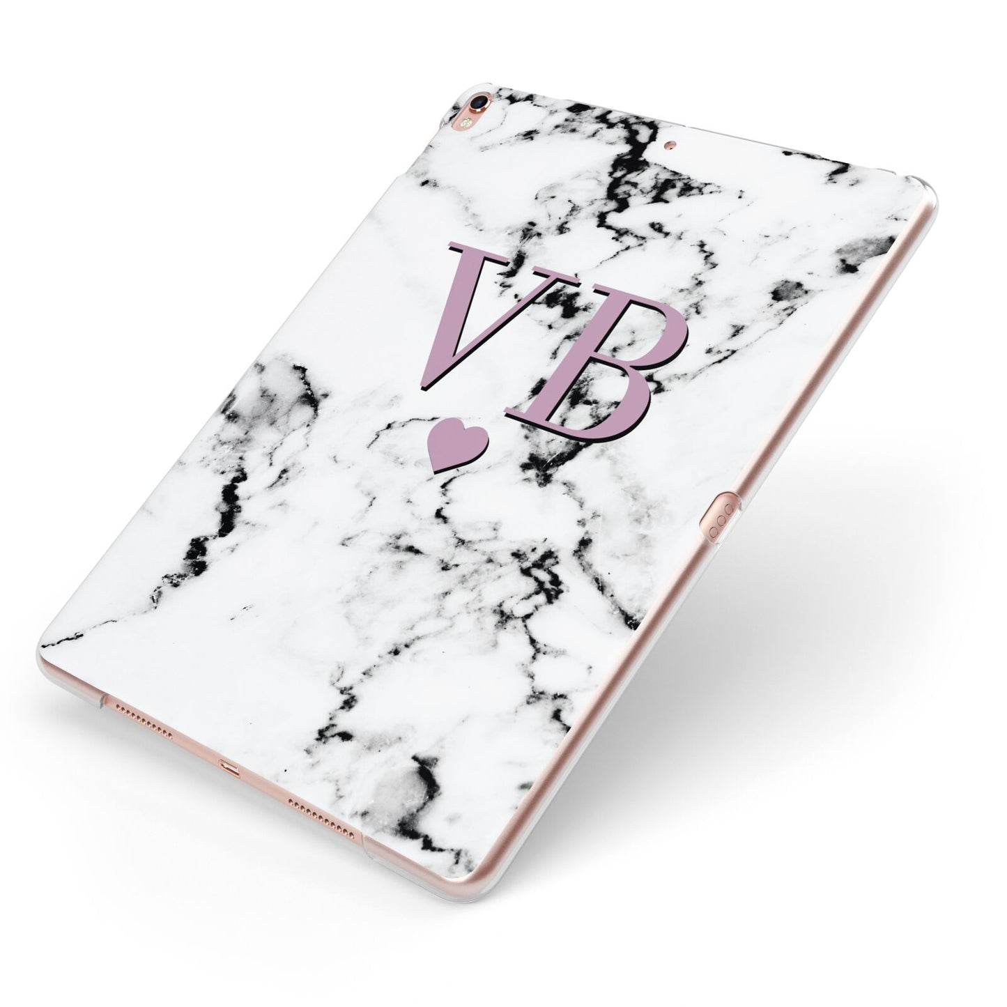 Personalised Purple Initialed Marble Heart Apple iPad Case on Rose Gold iPad Side View