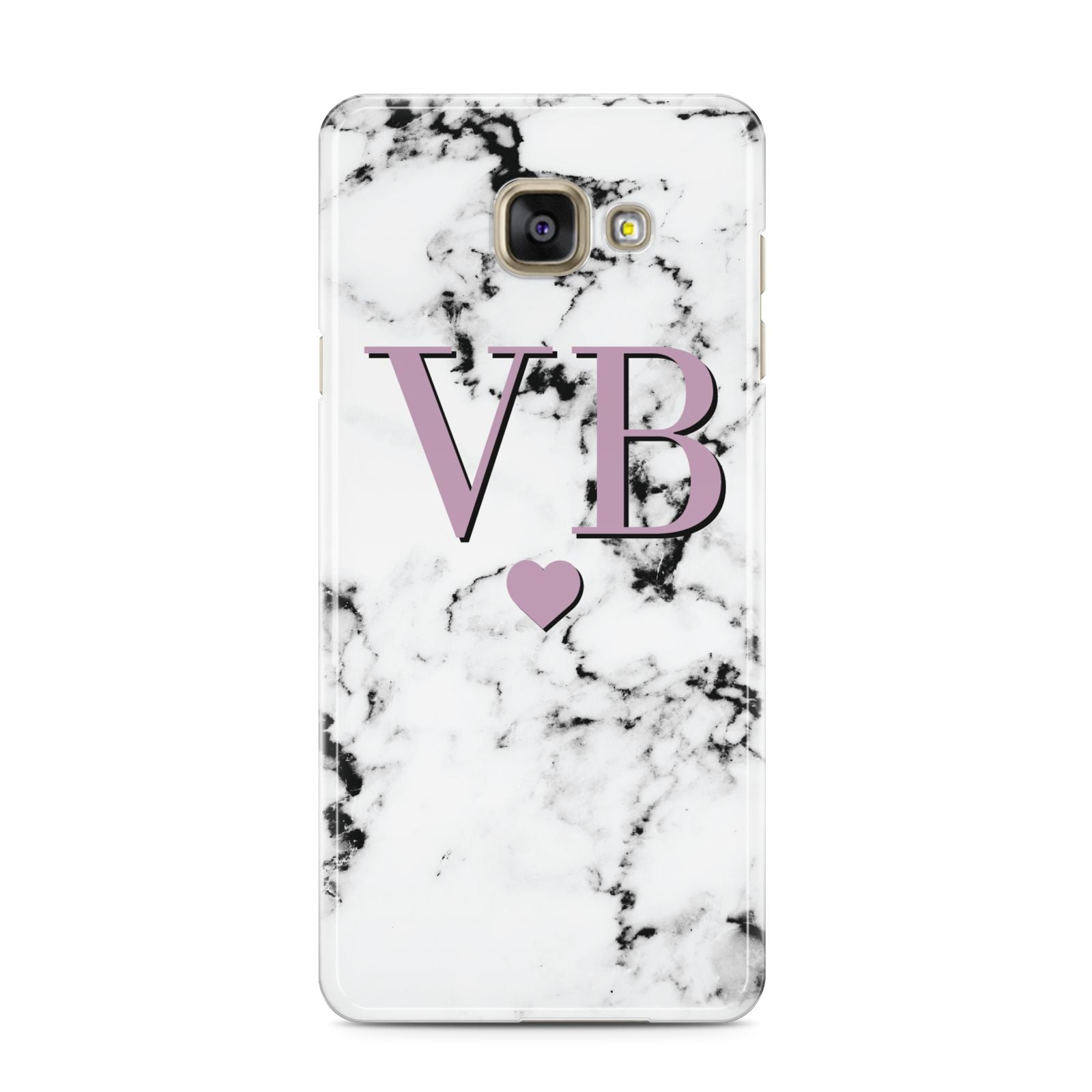 Personalised Purple Initialed Marble Heart Samsung Galaxy A3 2016 Case on gold phone