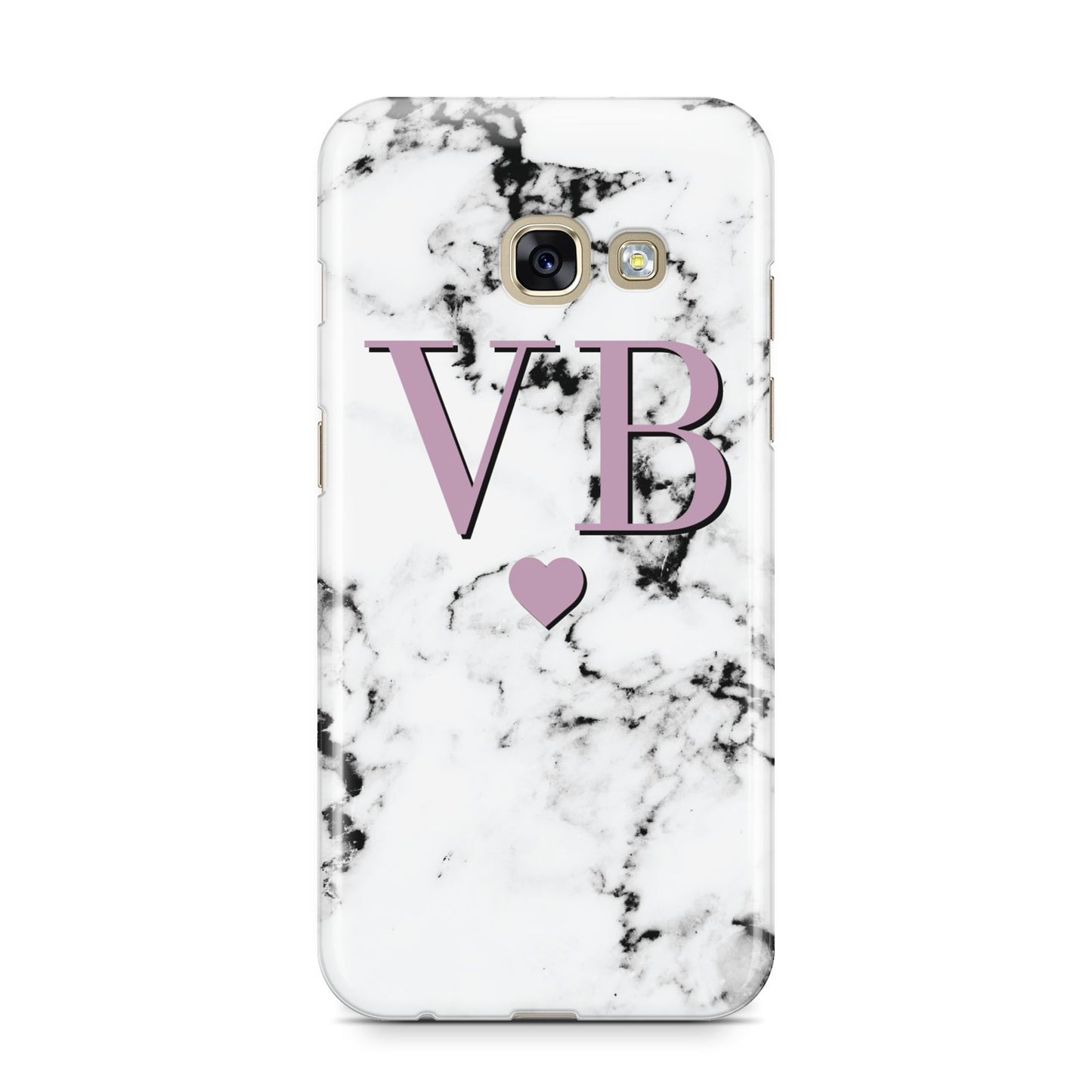 Personalised Purple Initialed Marble Heart Samsung Galaxy A3 2017 Case on gold phone