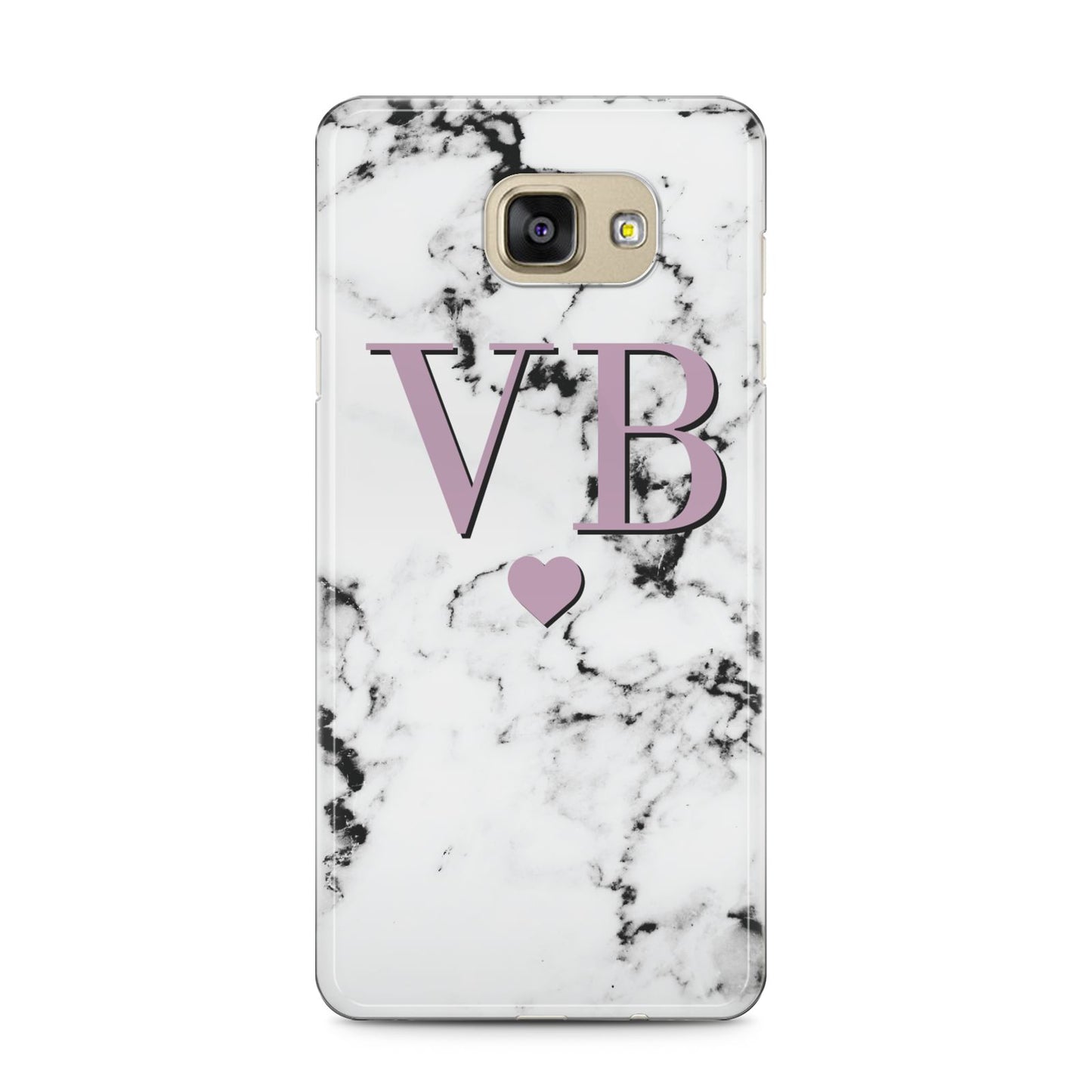 Personalised Purple Initialed Marble Heart Samsung Galaxy A5 2016 Case on gold phone