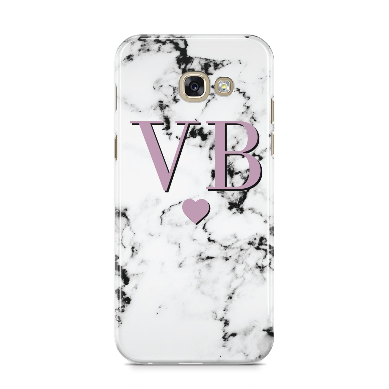 Personalised Purple Initialed Marble Heart Samsung Galaxy A5 2017 Case on gold phone