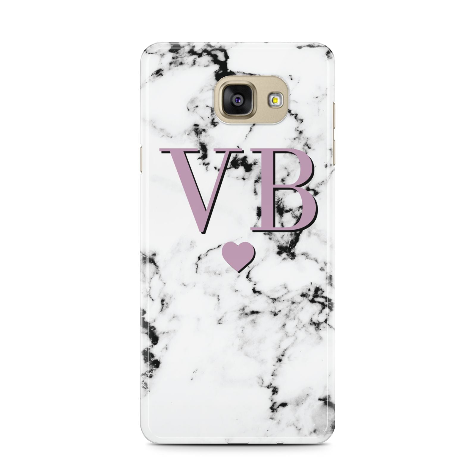 Personalised Purple Initialed Marble Heart Samsung Galaxy A7 2016 Case on gold phone