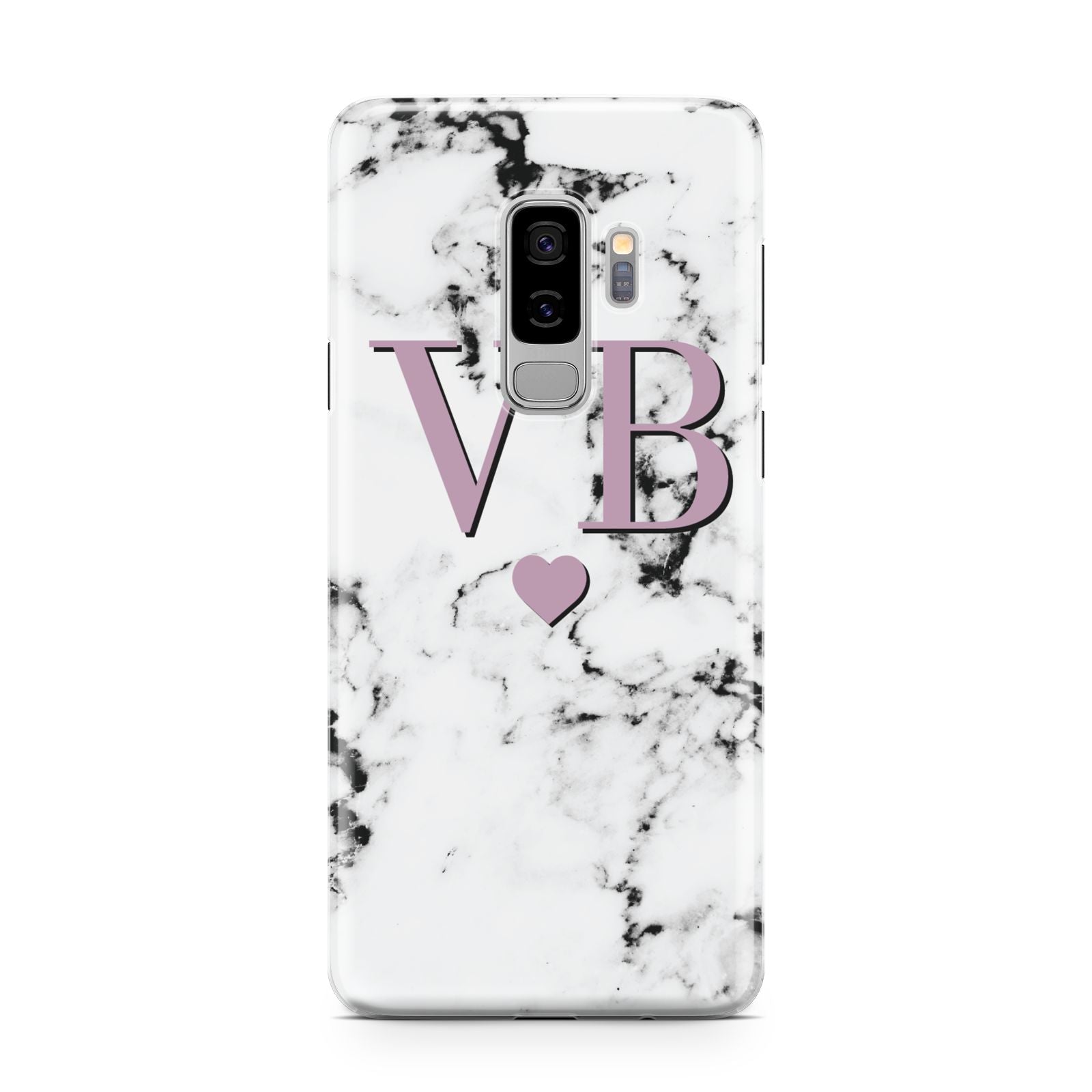 Personalised Purple Initialed Marble Heart Samsung Galaxy S9 Plus Case on Silver phone