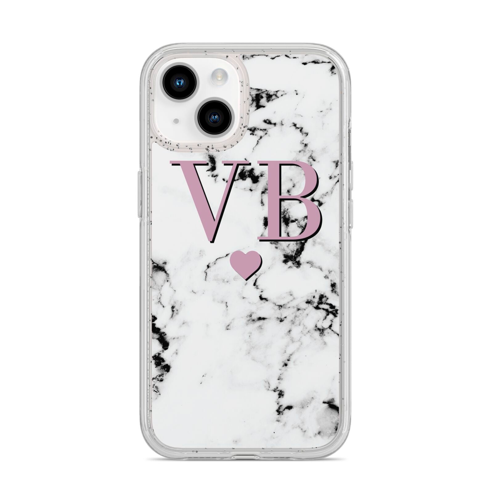 Personalised Purple Initialed Marble Heart iPhone 14 Glitter Tough Case Starlight