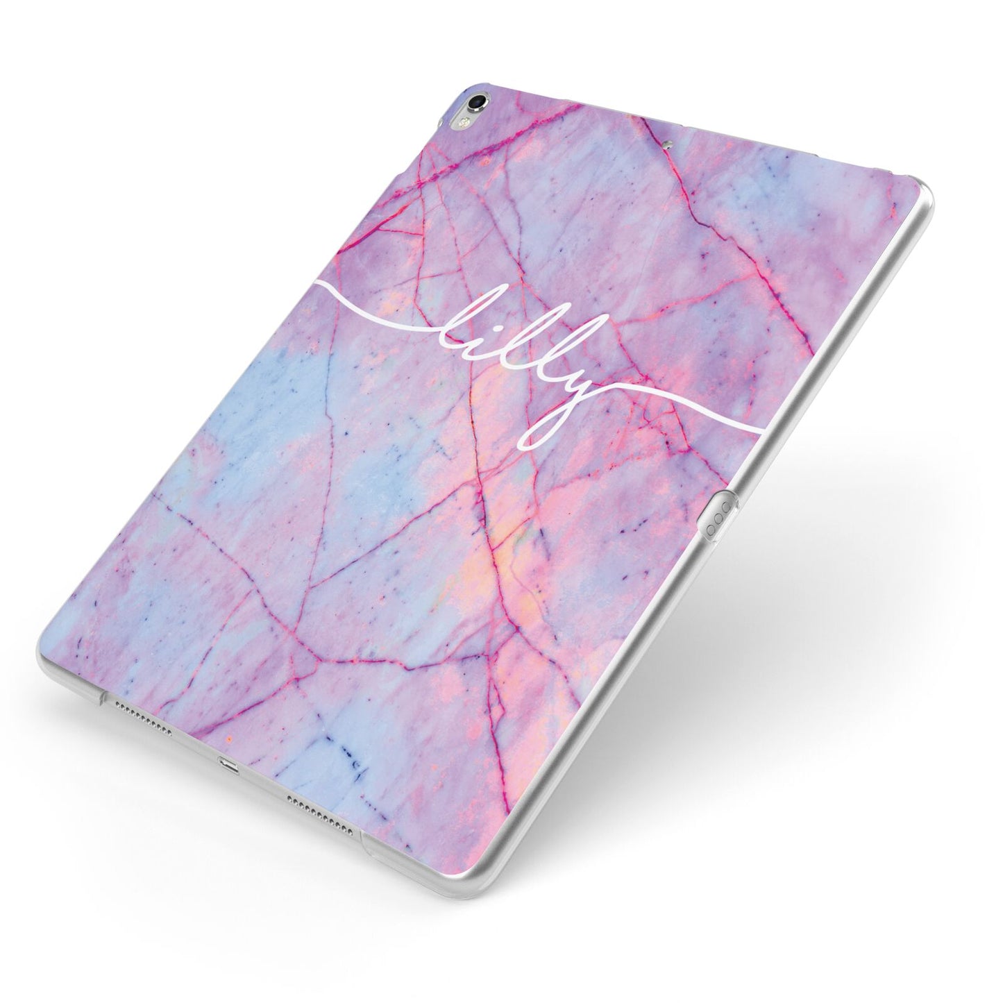 Personalised Purple Marble Name Apple iPad Case on Silver iPad Side View