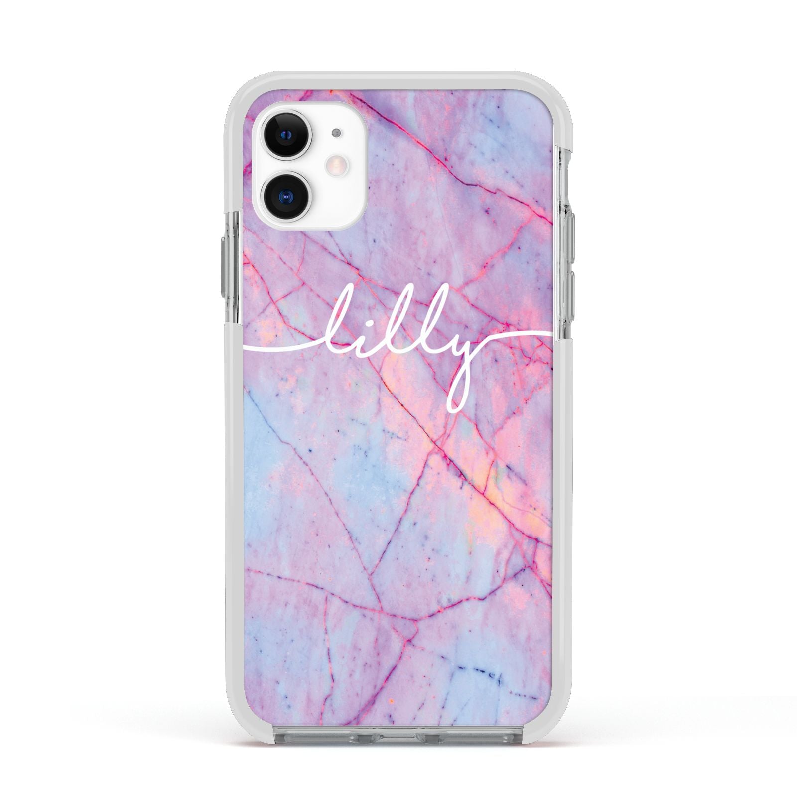 Personalised Purple Marble Name Apple iPhone 11 in White with White Impact Case