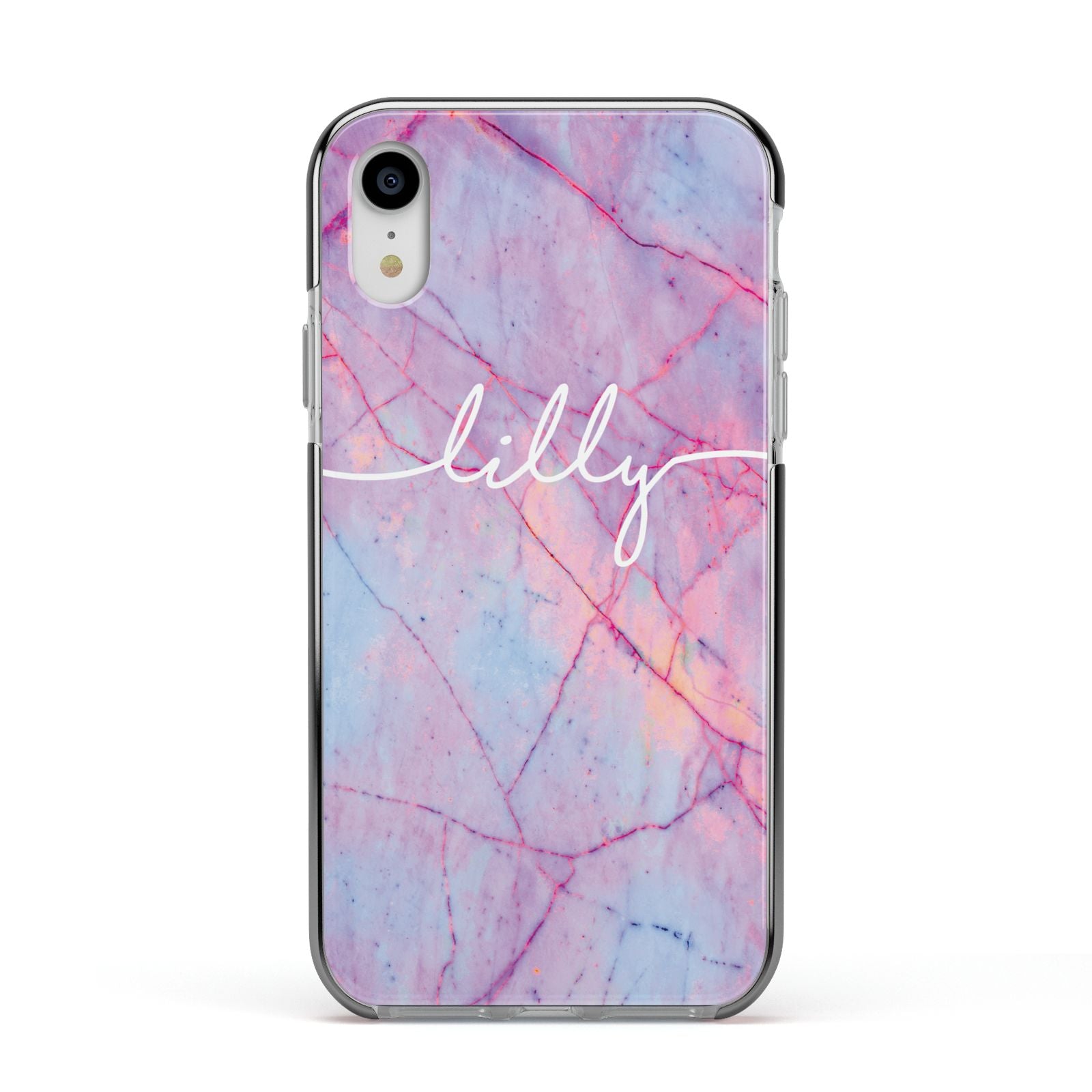 Personalised Purple Marble Name Apple iPhone XR Impact Case Black Edge on Silver Phone