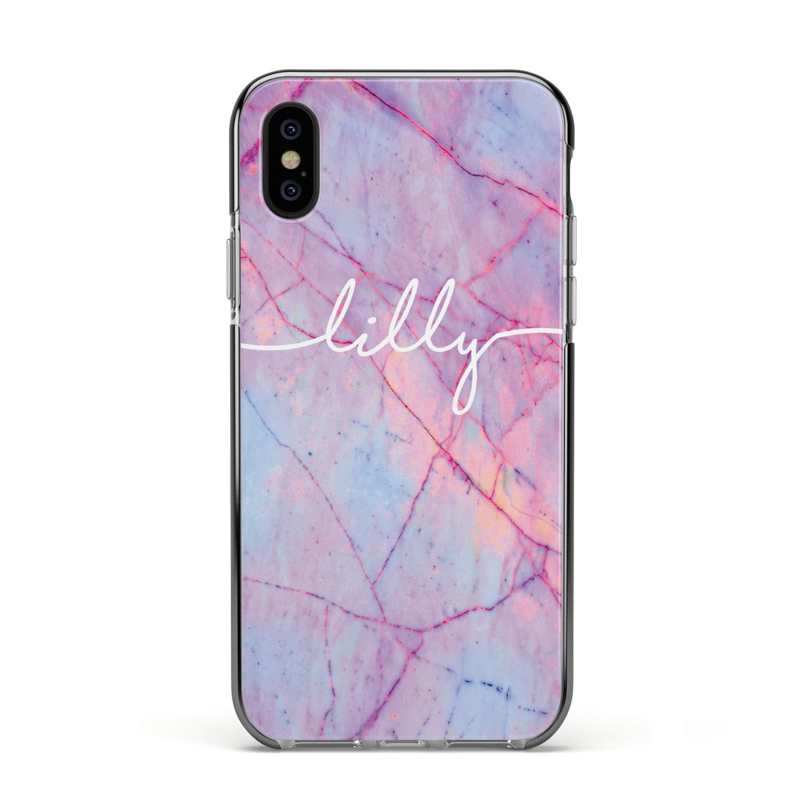 Personalised Purple Marble Name Apple iPhone Xs Impact Case Black Edge on Black Phone