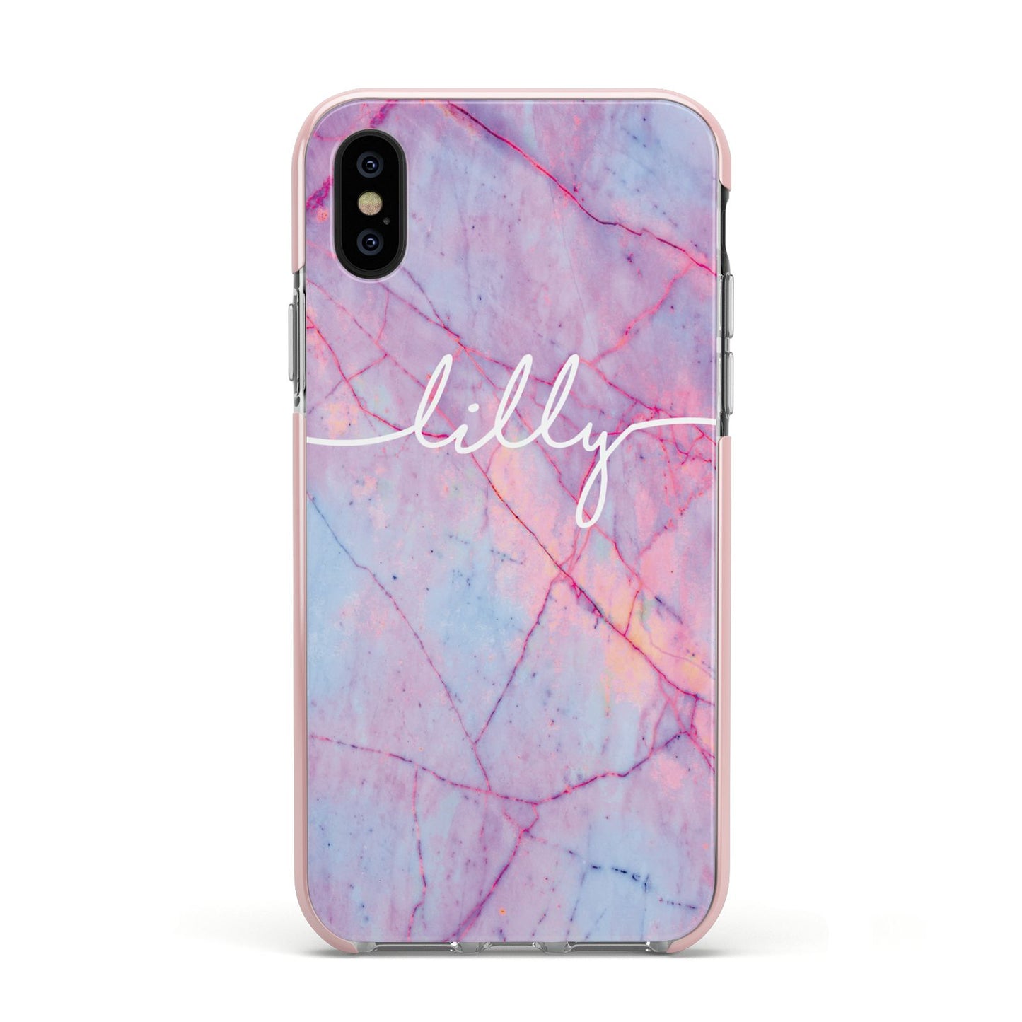 Personalised Purple Marble Name Apple iPhone Xs Impact Case Pink Edge on Black Phone