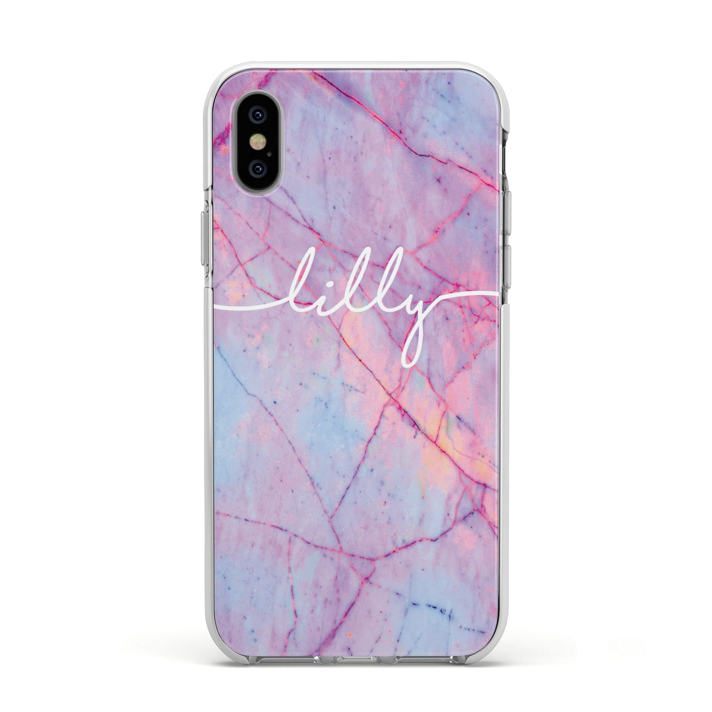 Personalised Purple Marble Name Apple iPhone Xs Impact Case White Edge on Silver Phone