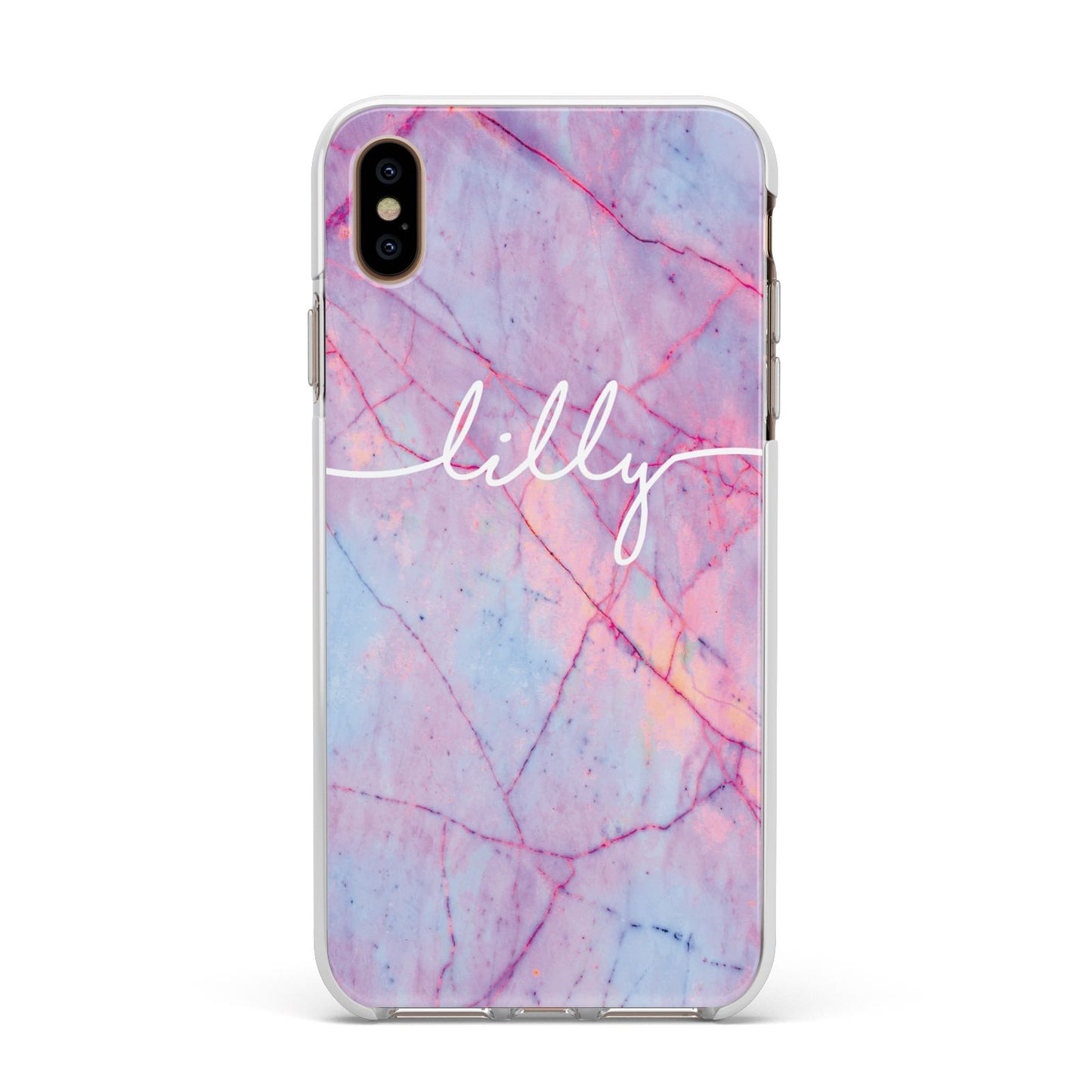 Personalised Purple Marble Name Apple iPhone Xs Max Impact Case White Edge on Gold Phone