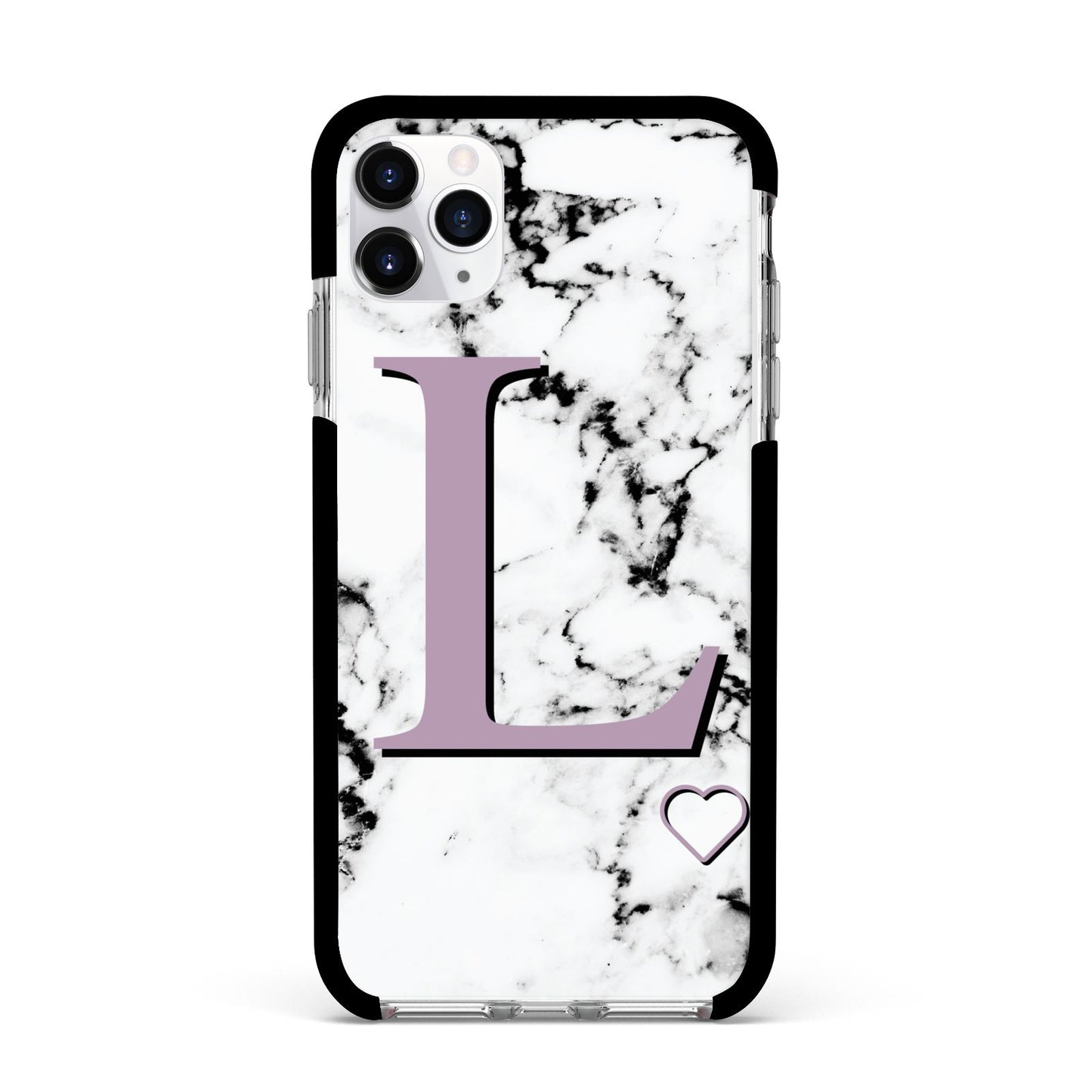 Personalised Purple Monogram Marble Heart Apple iPhone 11 Pro Max in Silver with Black Impact Case