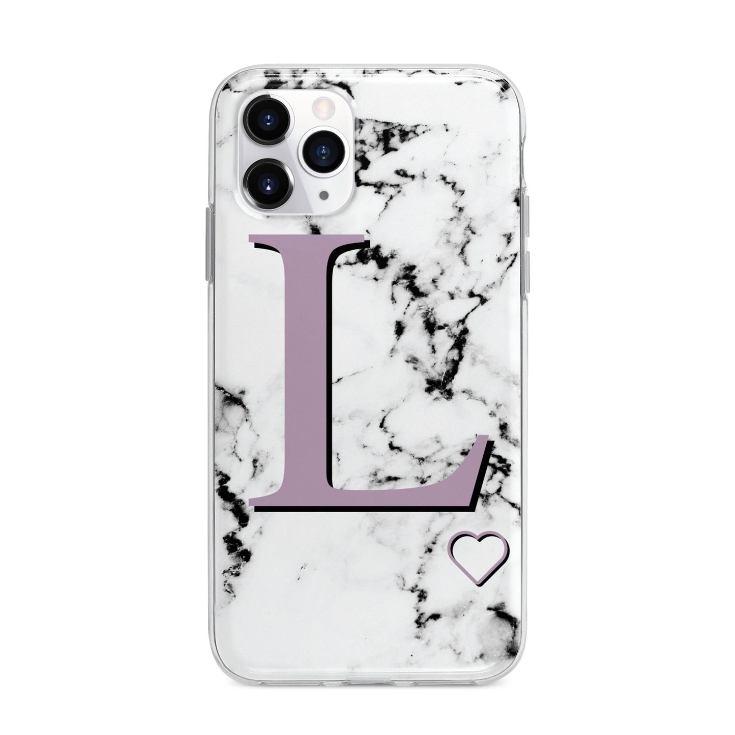 Personalised Purple Monogram Marble Heart Apple iPhone 11 Pro Max in Silver with Bumper Case