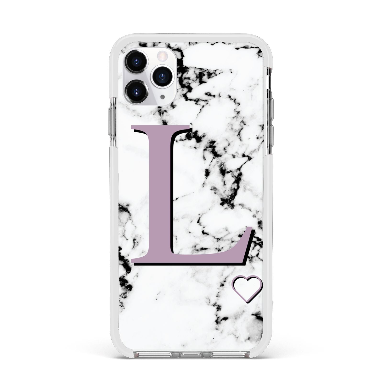 Personalised Purple Monogram Marble Heart Apple iPhone 11 Pro Max in Silver with White Impact Case