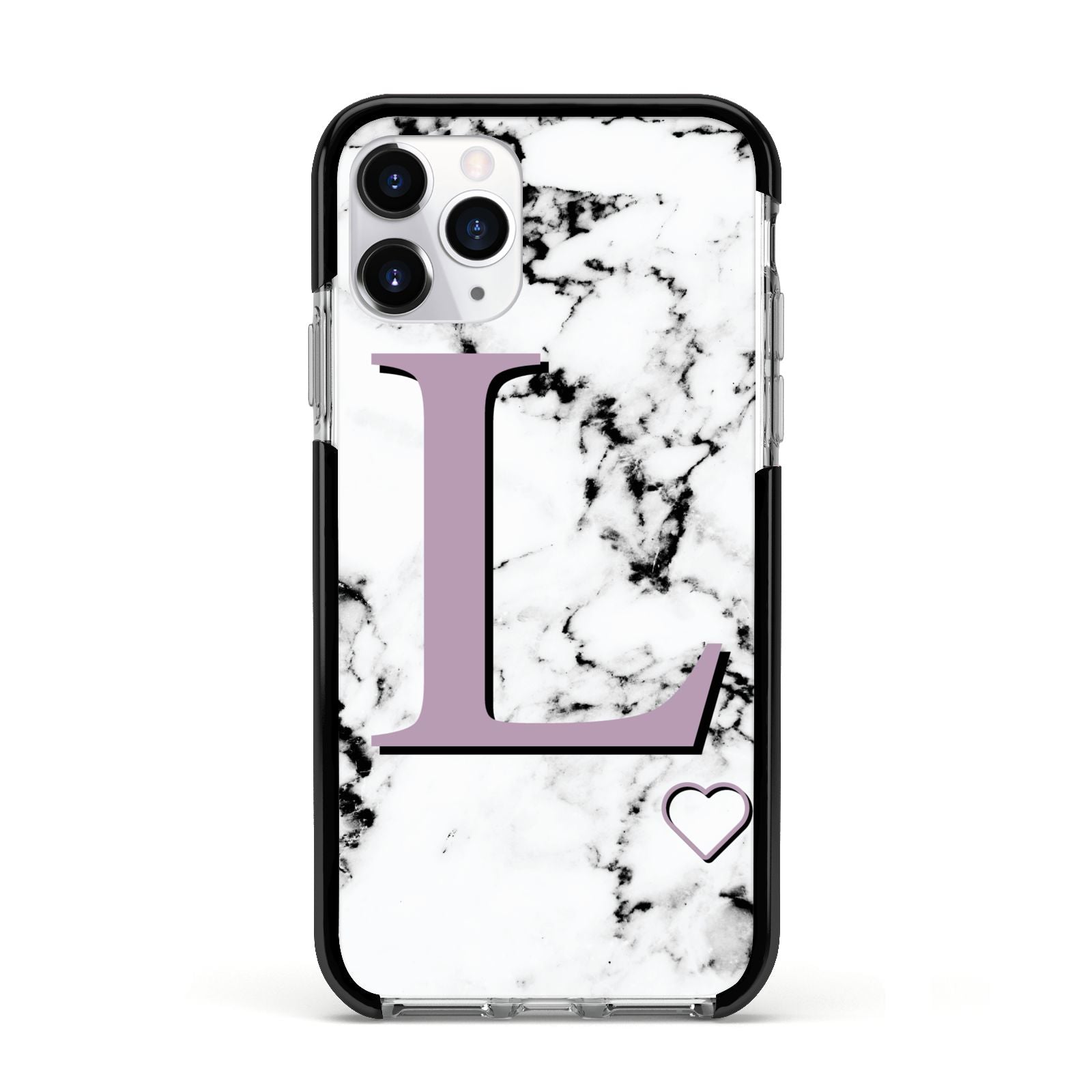 Personalised Purple Monogram Marble Heart Apple iPhone 11 Pro in Silver with Black Impact Case