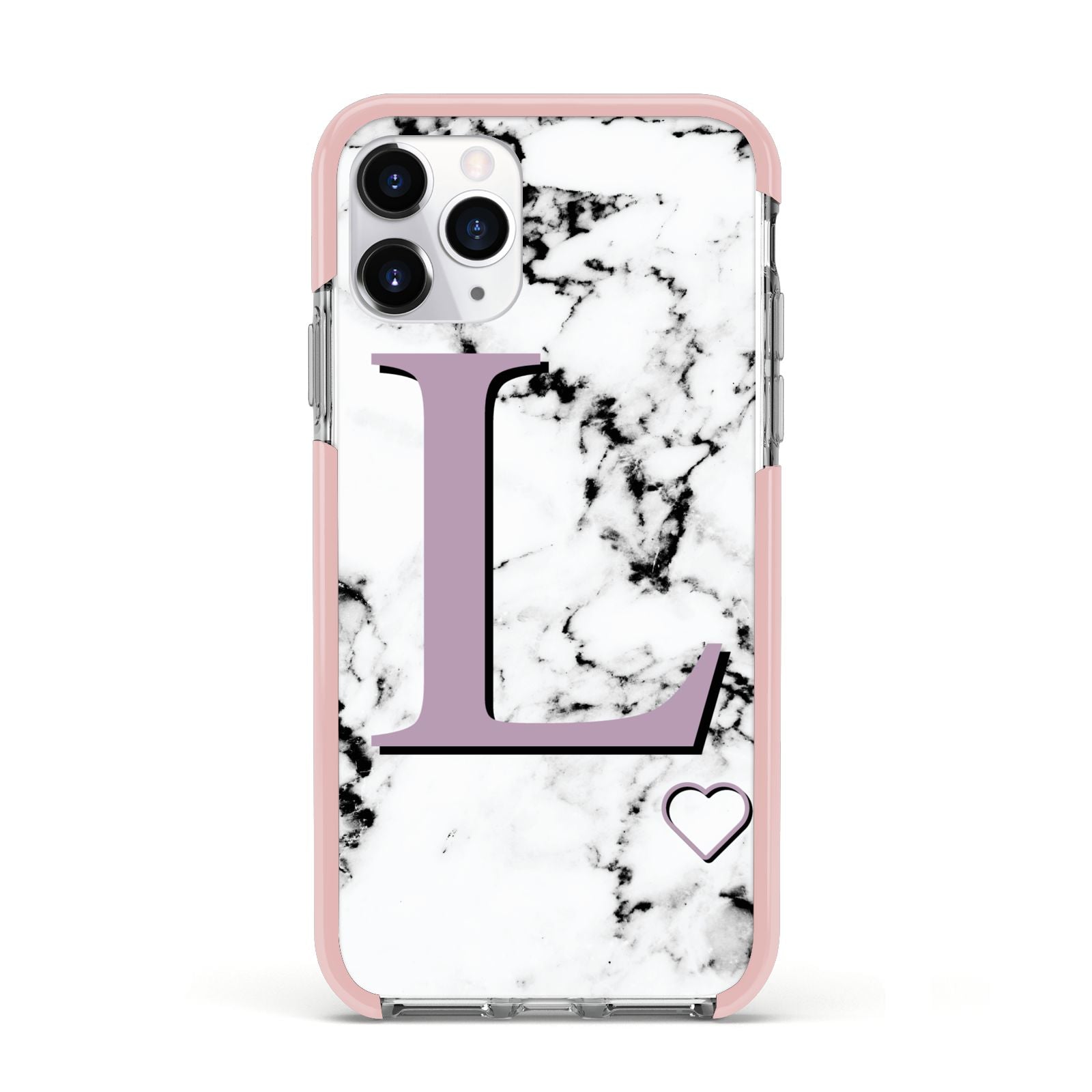 Personalised Purple Monogram Marble Heart Apple iPhone 11 Pro in Silver with Pink Impact Case