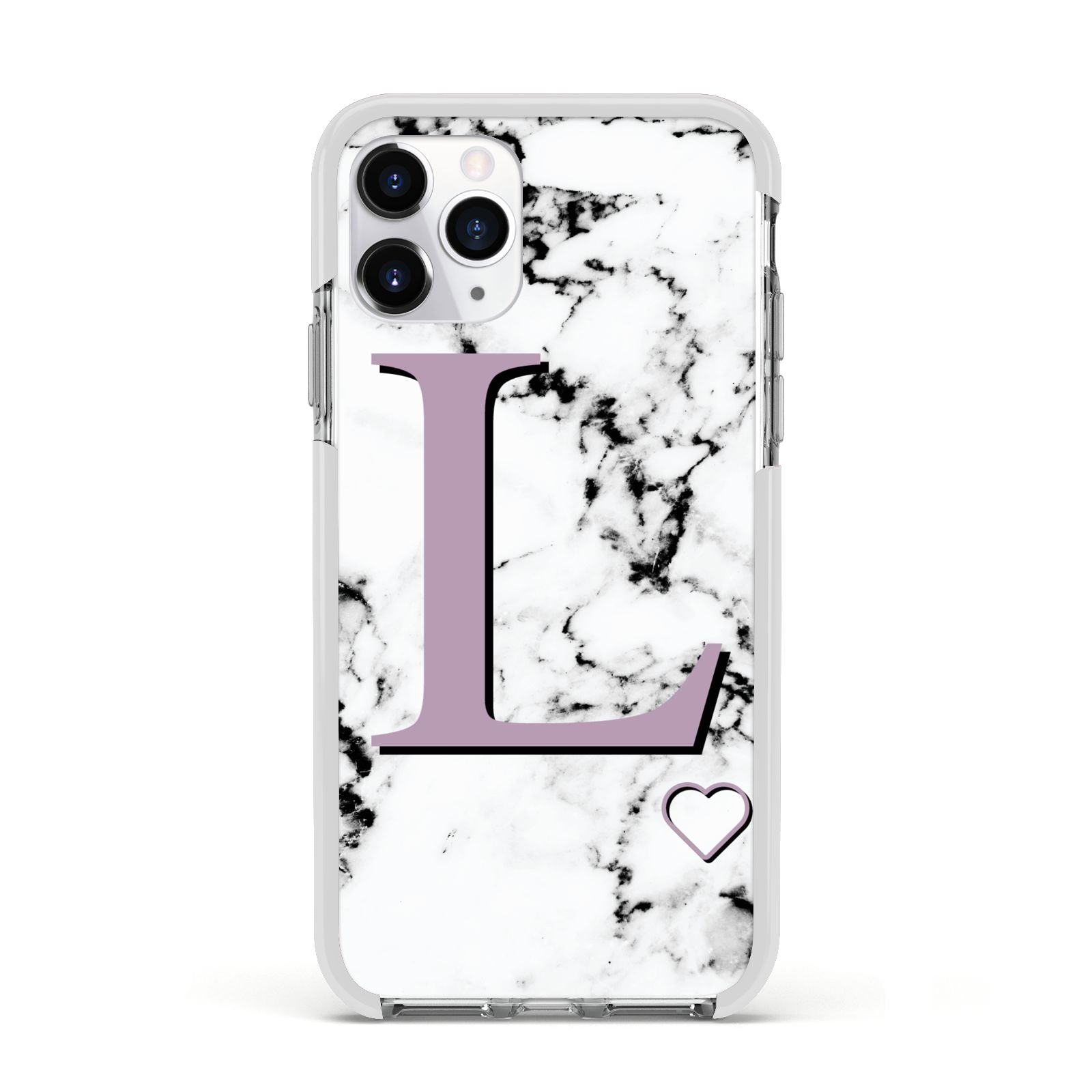 Personalised Purple Monogram Marble Heart Apple iPhone 11 Pro in Silver with White Impact Case