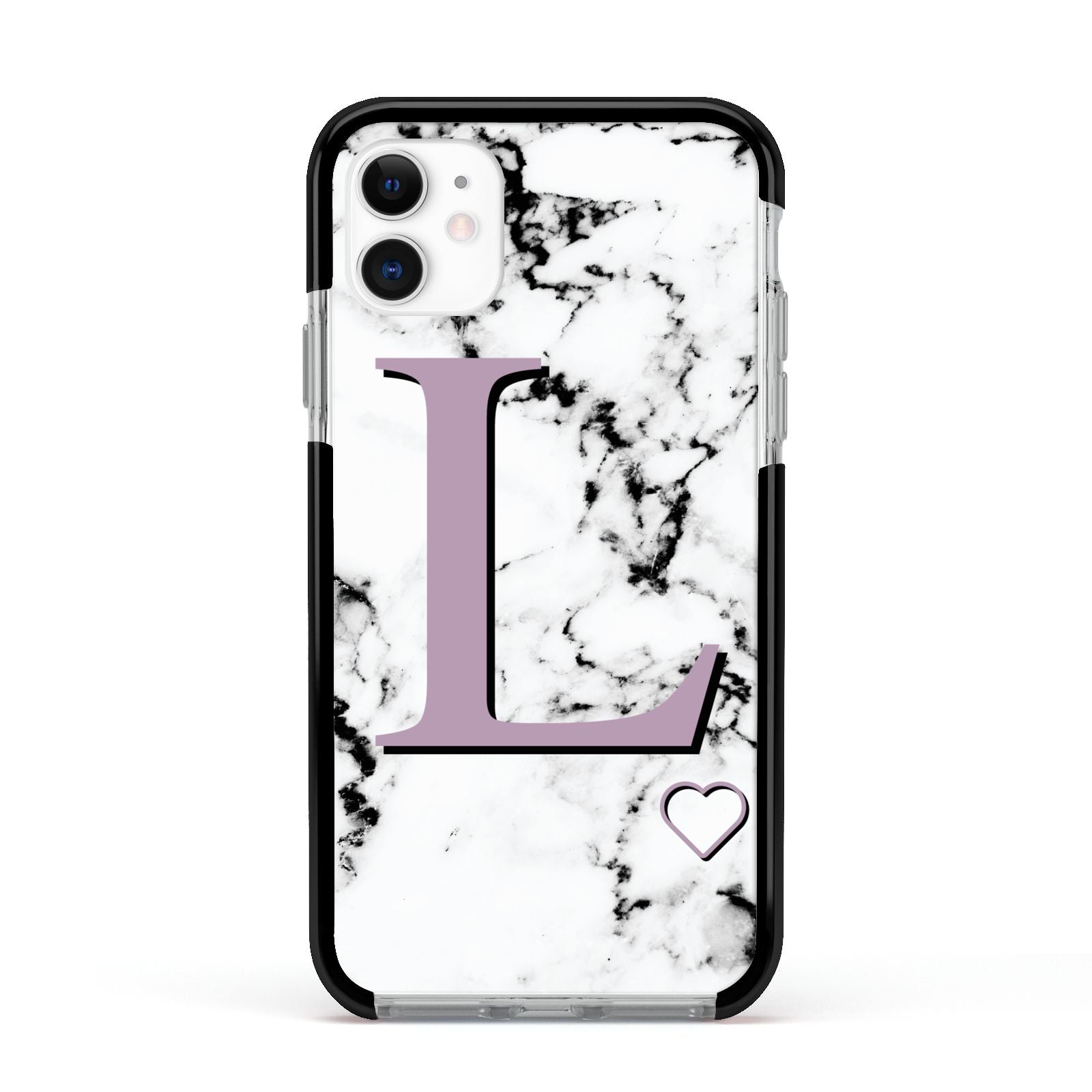 Personalised Purple Monogram Marble Heart Apple iPhone 11 in White with Black Impact Case