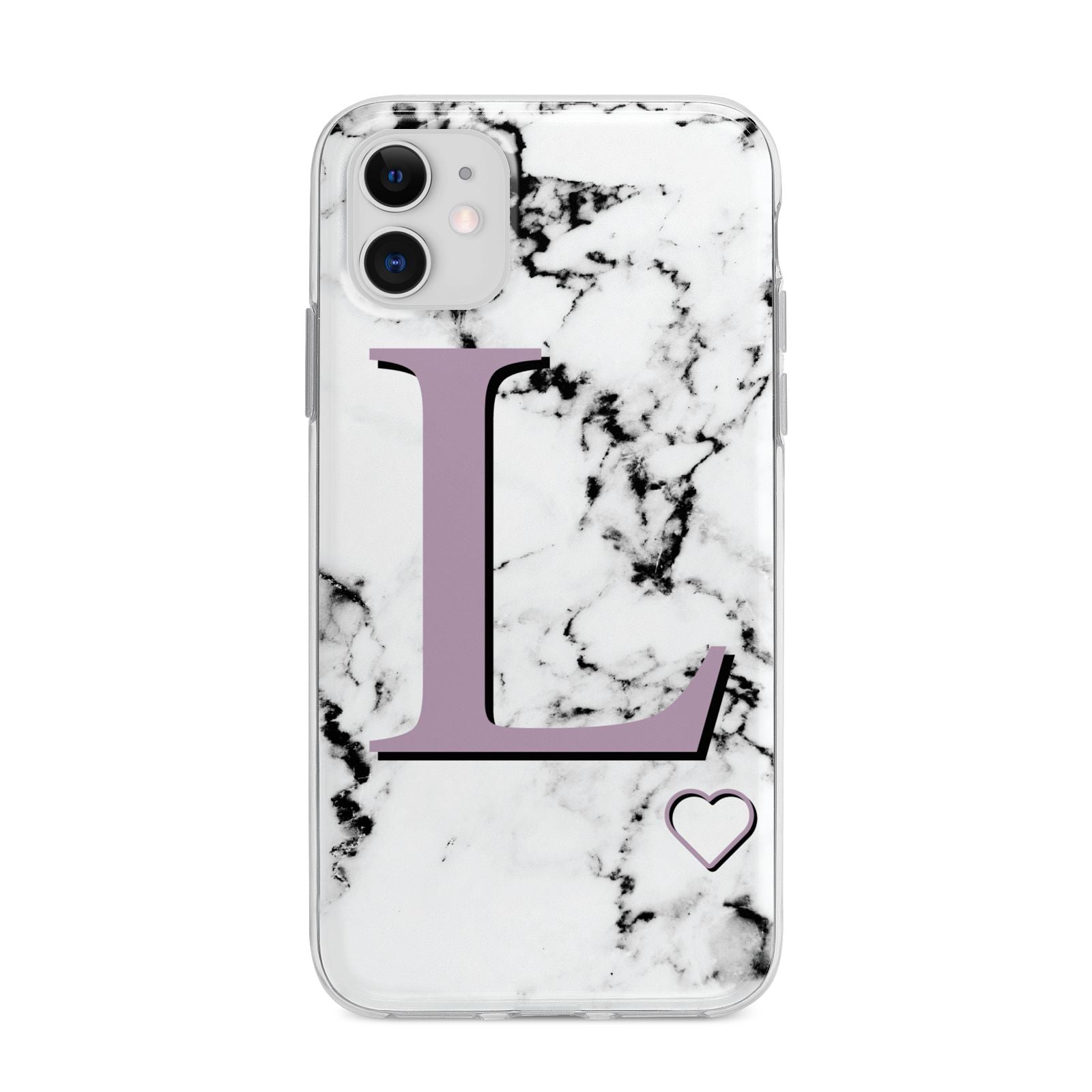 Personalised Purple Monogram Marble Heart Apple iPhone 11 in White with Bumper Case