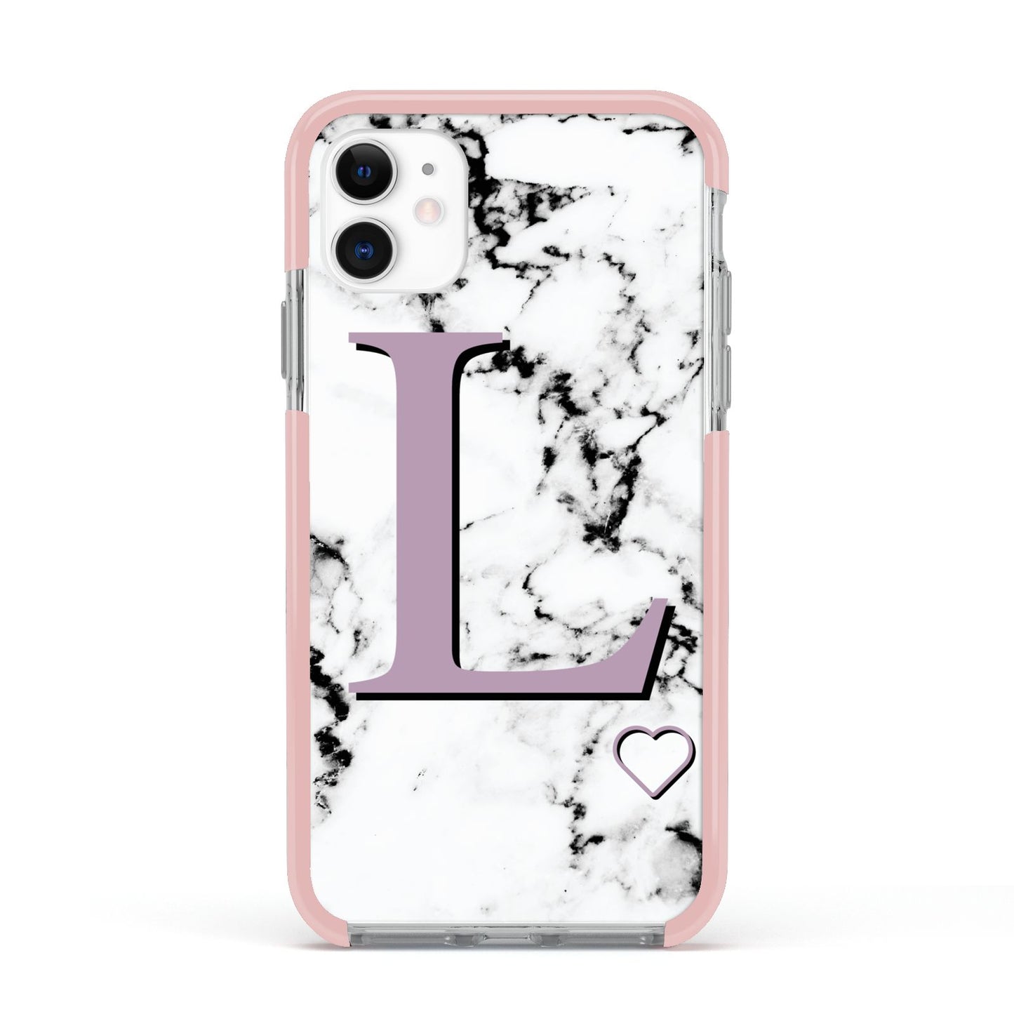 Personalised Purple Monogram Marble Heart Apple iPhone 11 in White with Pink Impact Case